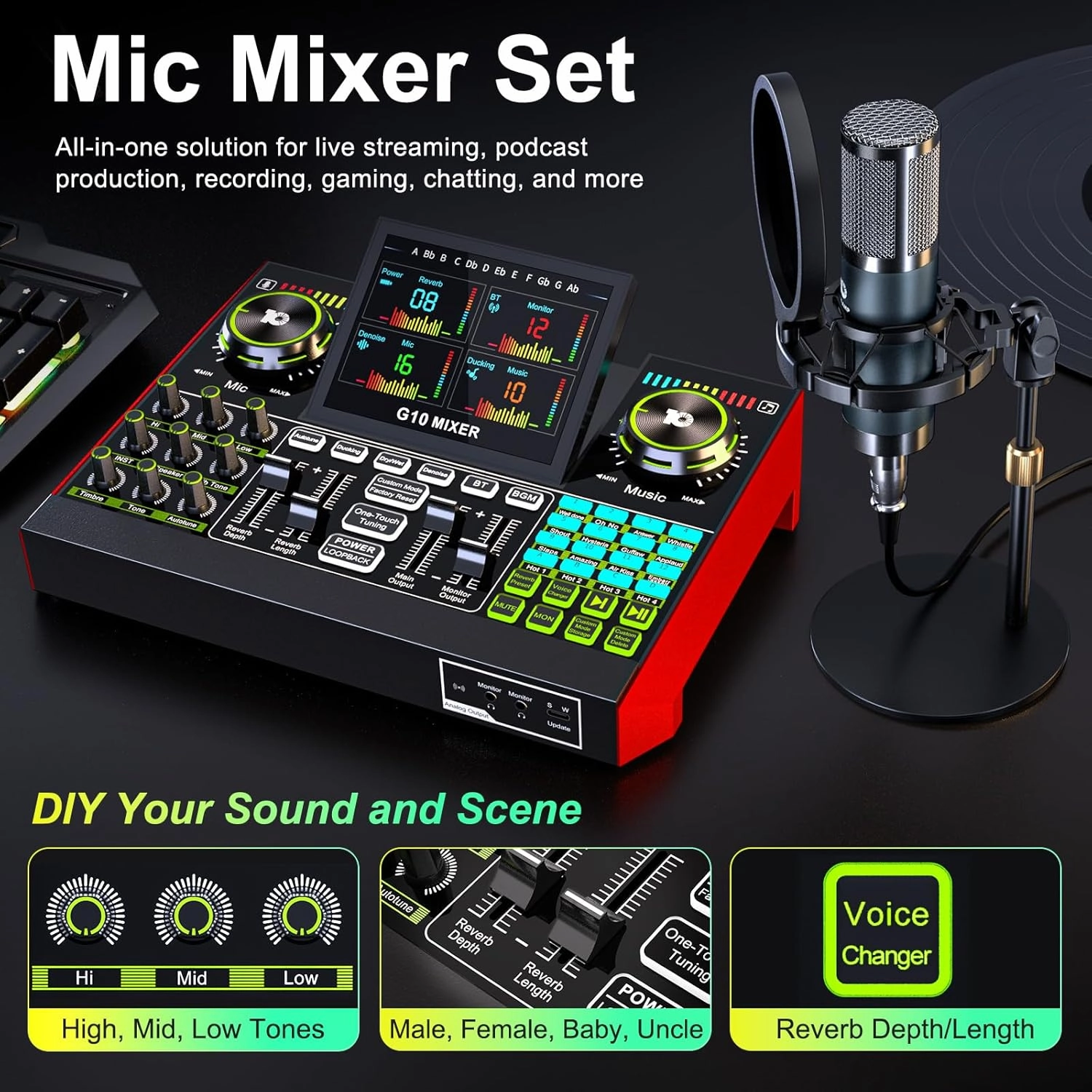 Podcast Microphone Bundle, Live Sound Card with XLR Audio Interface, Audio Mixer with Voice Changer, Suitable for Streaming, Recording, and Singing Content Creation