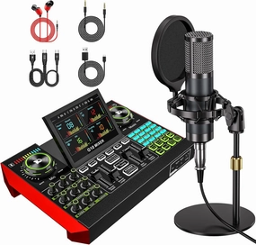 Podcast Microphone Bundle, Live Sound Card with XLR Audio Interface, Audio Mixer with Voice Changer, Suitable for Streaming, Recording, and Singing Content Creation audio interface,USB interface,music recording input,