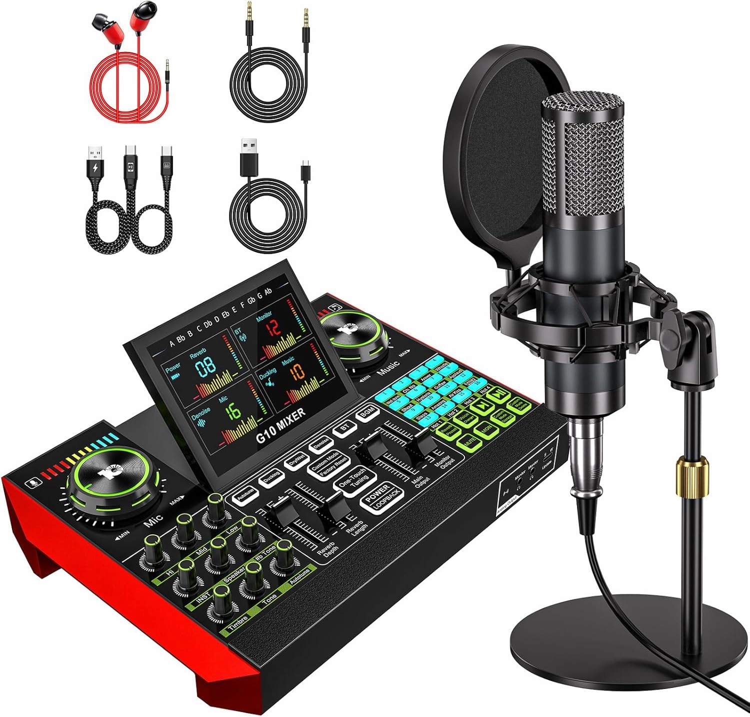 Podcast Microphone Bundle, Live Sound Card with XLR Audio Interface, Audio Mixer with Voice Changer, Suitable for Streaming, Recording, and Singing Content Creation audio interface,USB interface,music recording input,