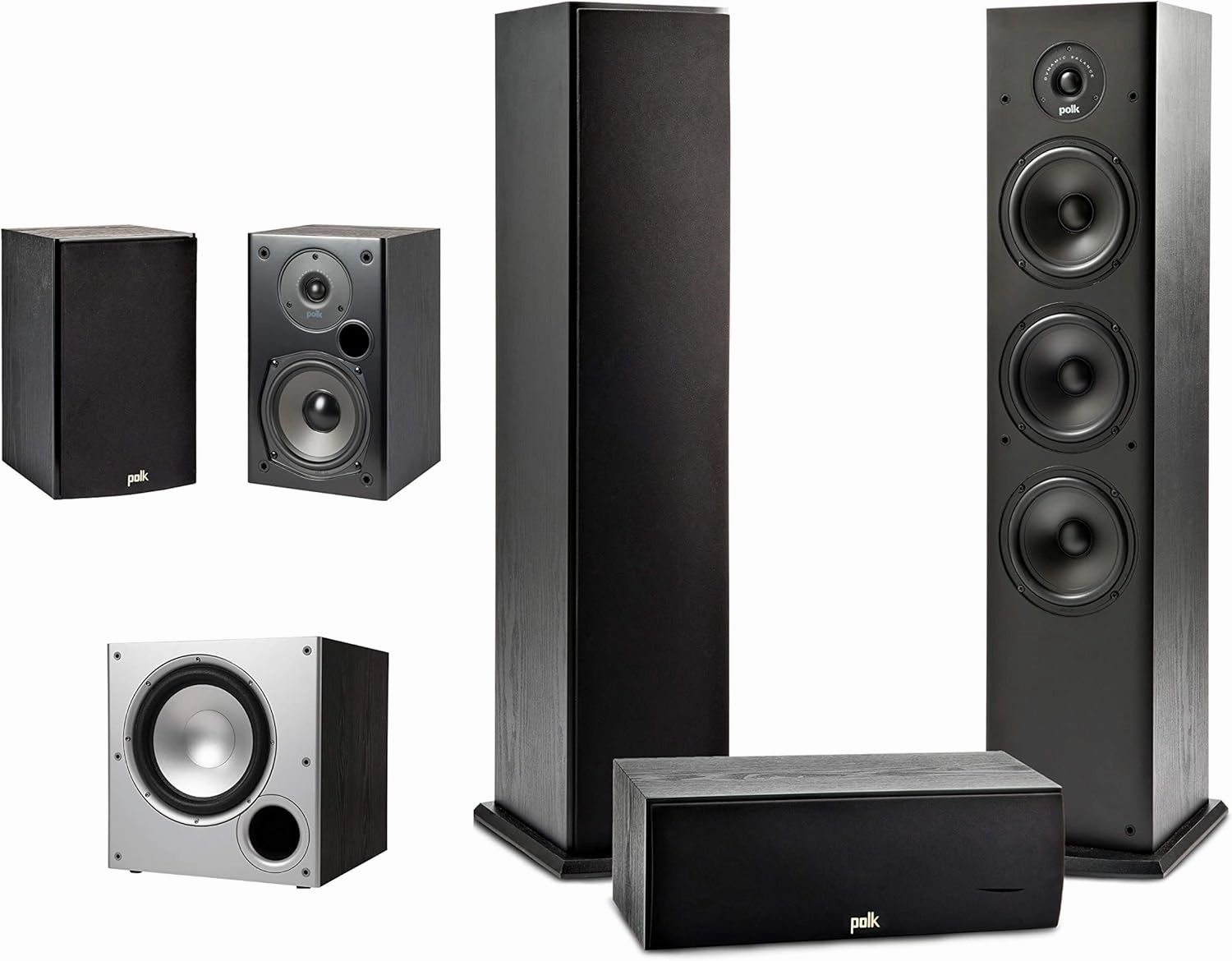 Polk Audio 5.1 Channel Home Theater System with Powered Subwoofer |Two (2) T15 Bookshelf, One (1) T30 Center Channel, Two (2) T50 Tower Speakers, PSW10 Sub | Alexa   HEOS surround sound system,cinema audio kit,5.1 surround package,