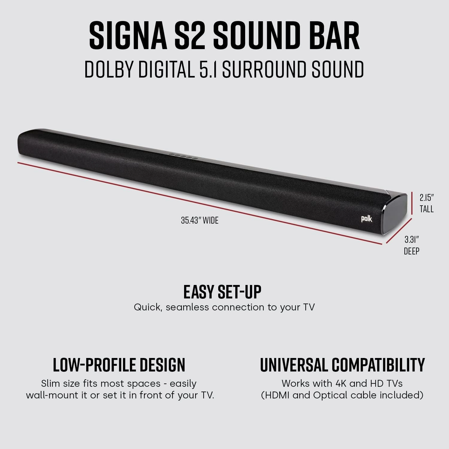 Polk Audio Signa S2 Sound Bar & Wireless Subwoofer  Exclusive VoiceAdjust Technology, Ultra-Slim Design, Works with 4K & HD TVs, HDMI & Optical, Bluetooth, Wireless Streaming