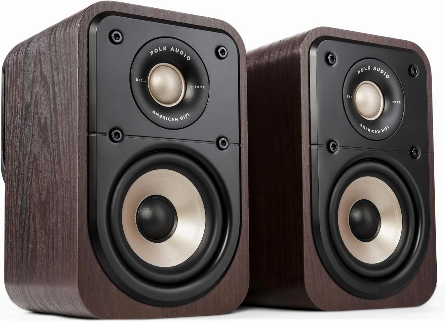 Polk Signature Elite ES10 Surround Loudspeaker - Hi-Res Audio Certified, Dolby Atmos & DTS:X Compatible, 1" Tweeter & 4" Woofer, Power Port Technology for Effortless Bass (Pair, Contemporary Walnut) bookshelf speakers,compact stereo speak