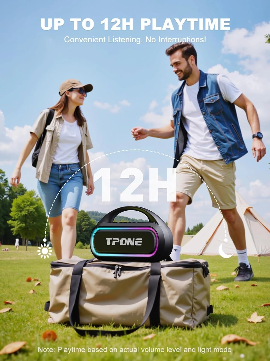Portable Bluetooth Speaker, 30W Peak, 12H Playtime, IPX5 Waterproof with Light, TWS Pairing, Wireless Speaker for Home/Party/Outdoor/Beach, Birthday Gift (Black)