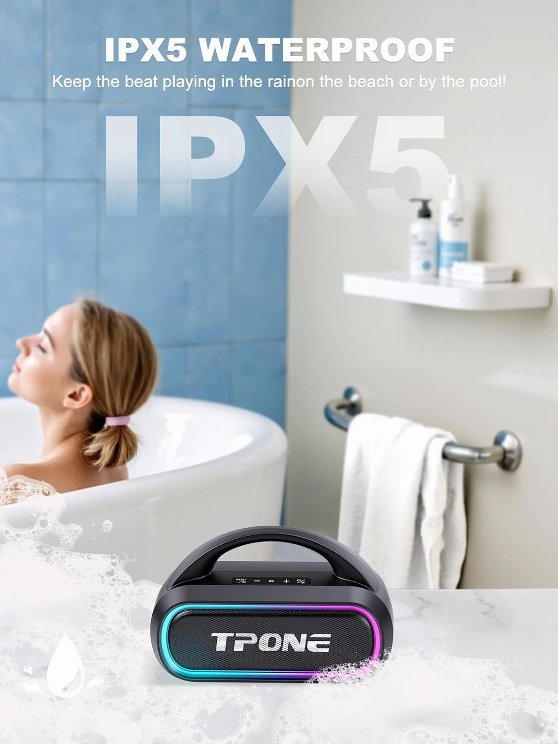 Portable Bluetooth Speaker, 30W Peak, 12H Playtime, IPX5 Waterproof with Light, TWS Pairing, Wireless Speaker for Home/Party/Outdoor/Beach, Birthday Gift (Black)