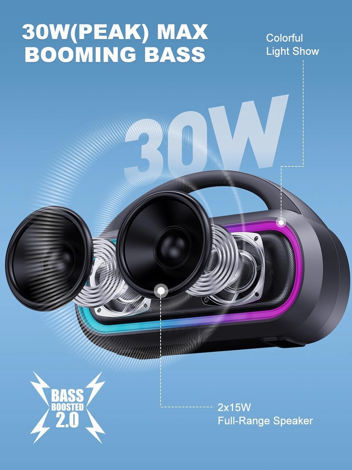 Portable Bluetooth Speaker, 30W Peak, 12H Playtime, IPX5 Waterproof with Light, TWS Pairing, Wireless Speaker for Home/Party/Outdoor/Beach, Birthday Gift (Black)