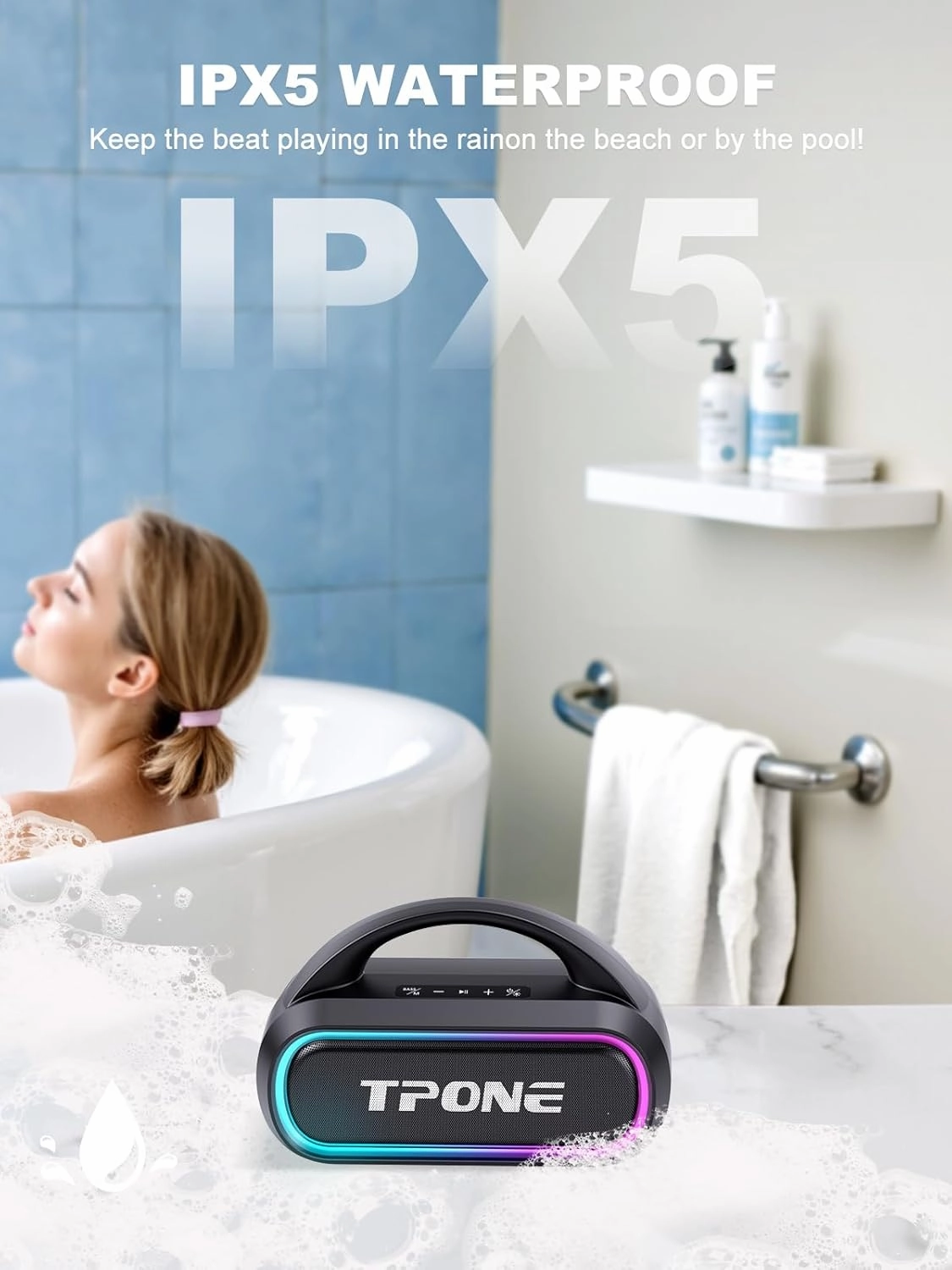 Portable Bluetooth Speaker, 30W Peak, 12H Playtime, IPX5 Waterproof with Light, TWS Pairing, Wireless Speaker for Home/Party/Outdoor/Beach, Birthday Gift (Black)