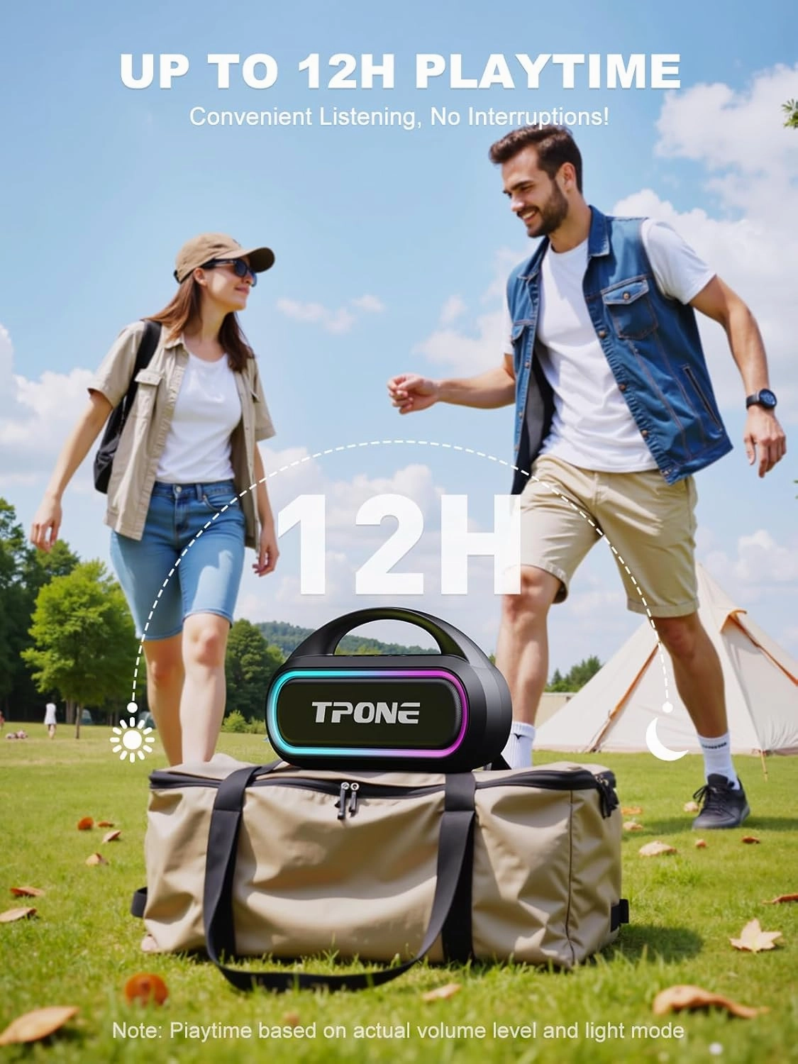 Portable Bluetooth Speaker, 30W Peak, 12H Playtime, IPX5 Waterproof with Light, TWS Pairing, Wireless Speaker for Home/Party/Outdoor/Beach, Birthday Gift (Black)