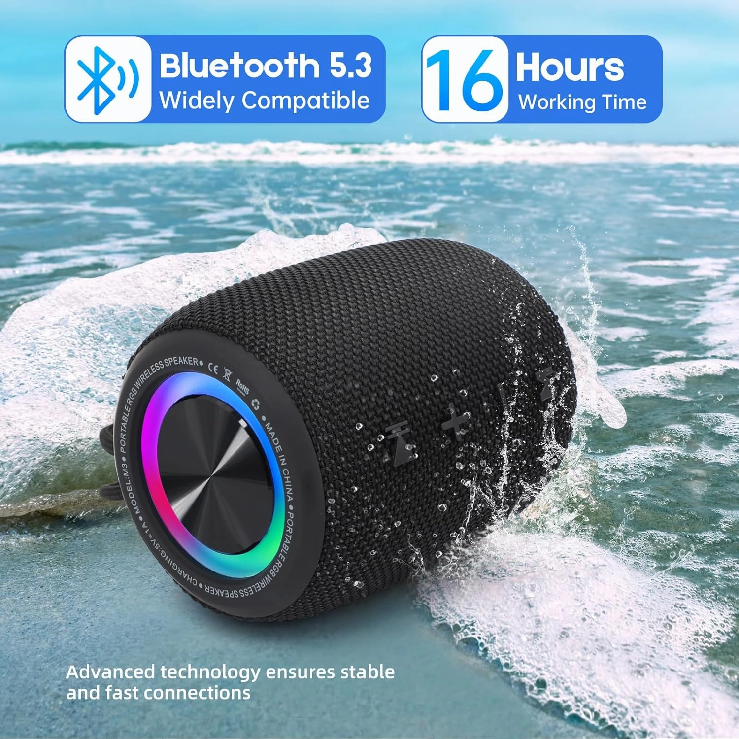 Portable Bluetooth Speaker, BT5.3 Wireless Speaker 20W Bass Diaphragms with Multi LED Light Dynamic Modes, IPX6 Waterproof 16H Playtime supports FM Mode, TF, USB for Home, Cycling, Outdoor, Beach