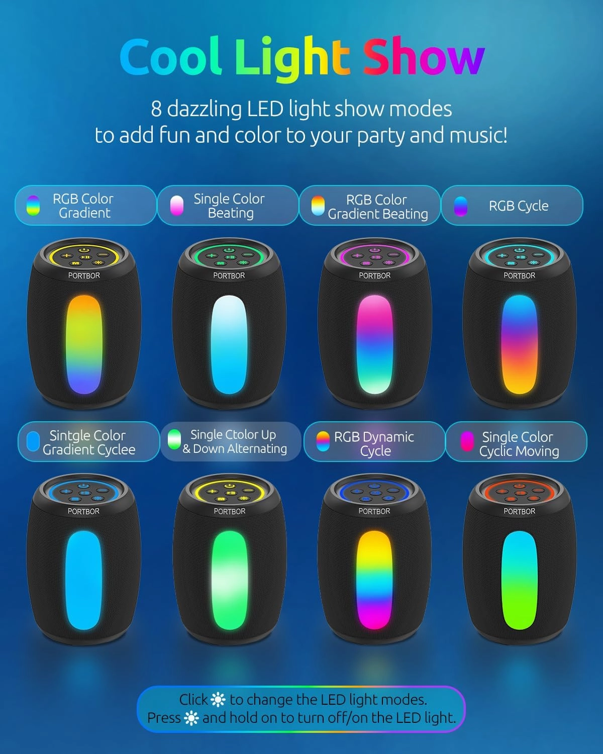 Portable Bluetooth Speaker, Powerful Stereo Sound Small Wireless Speaker with Lights, IPX5 Waterproof, BT5.3 with AUX Input, TWS Pairing, for Outdoor Home Party Camping, Electronics Gifts for Him Her