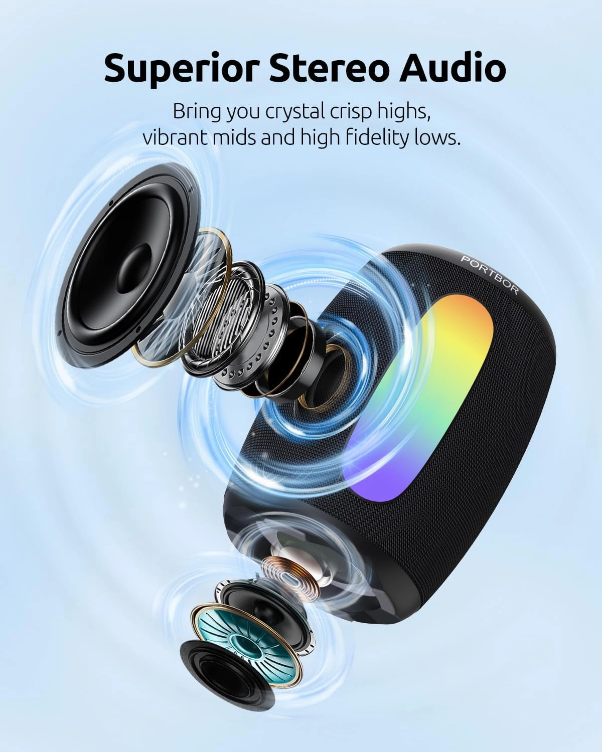 Portable Bluetooth Speaker, Powerful Stereo Sound Small Wireless Speaker with Lights, IPX5 Waterproof, BT5.3 with AUX Input, TWS Pairing, for Outdoor Home Party Camping, Electronics Gifts for Him Her
