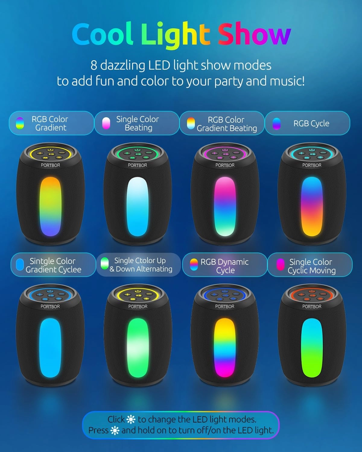 Portable Bluetooth Speaker, Powerful Stereo Sound Small Wireless Speaker with Lights, IPX5 Waterproof, BT5.3 with AUX Input, TWS Pairing, for Outdoor Home Party Camping, Electronics Gifts for Him Her