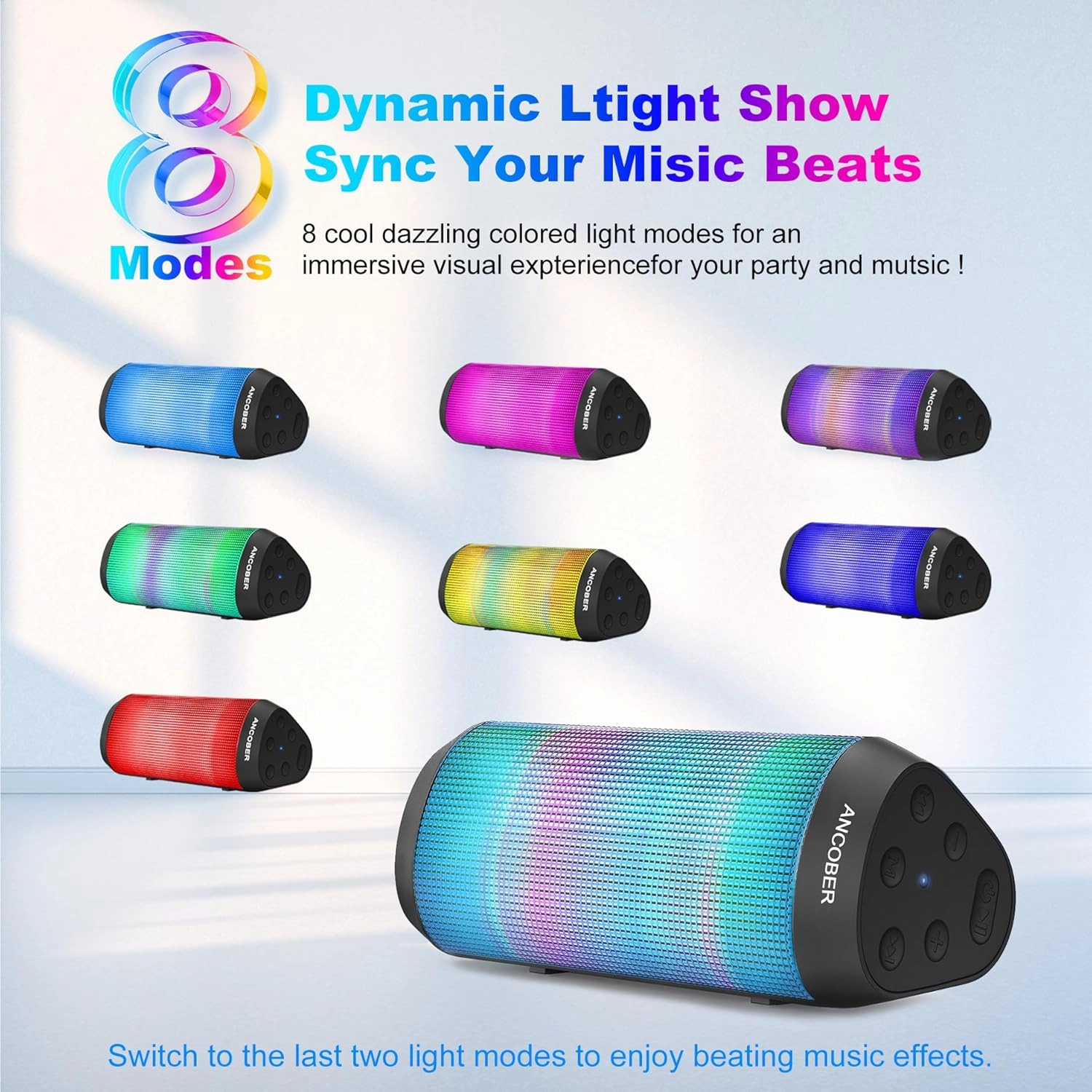 Portable Bluetooth Speaker Wireless with Lights, HD Stereo Sound, IPX4 Waterproof, TWS Pairing, BT5.3 with AUX Input, Small Speaker for Outdoor Home Camping Party, Ideal Electronics Gifts for Him, Her