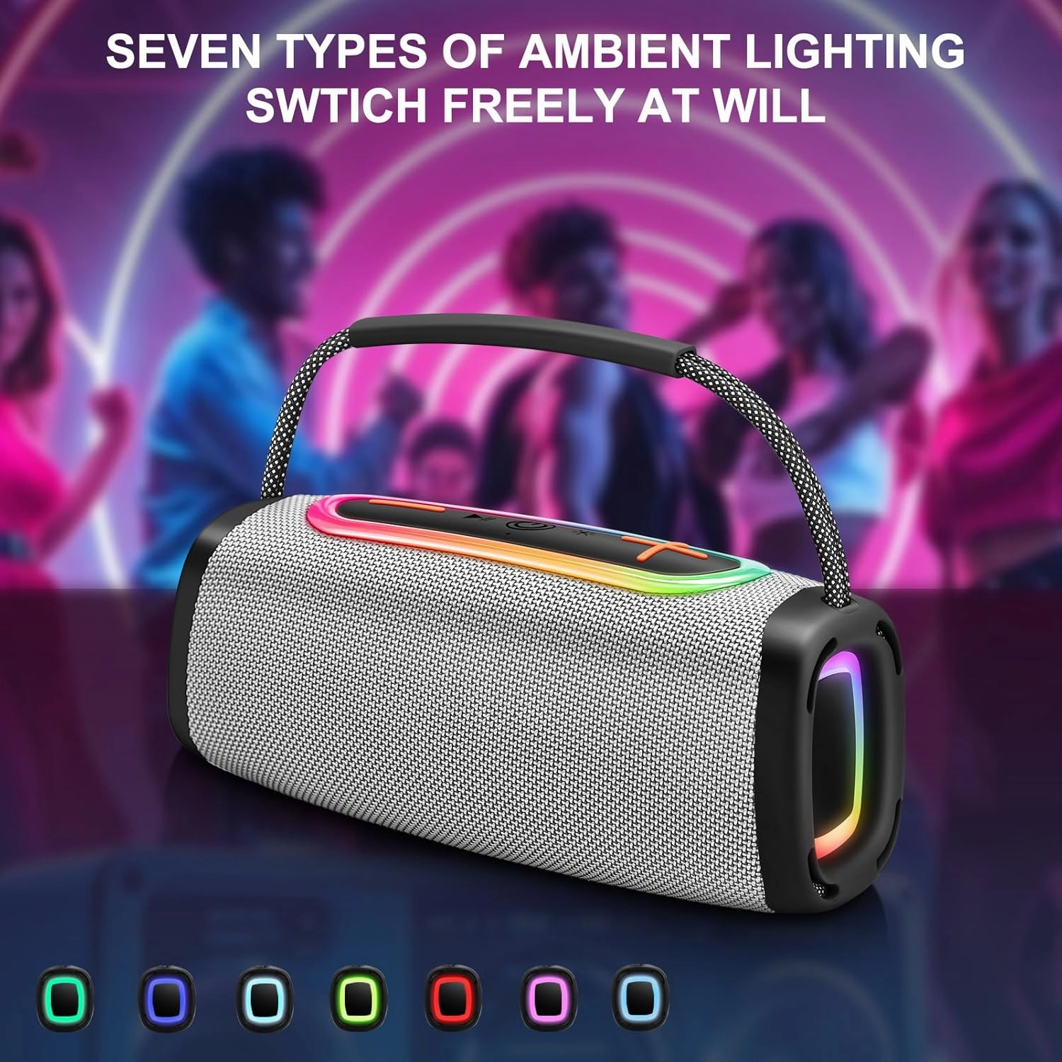 Portable Bluetooth Speaker with Handle, Crystal Clear Sound, Powerful Bass, BT5.3, IP6 Waterproof Wireless Stereo Pairing Speaker with RGB Multi-Color Rhythm Lights for Home/Outdoor/Party/Beach, Gift