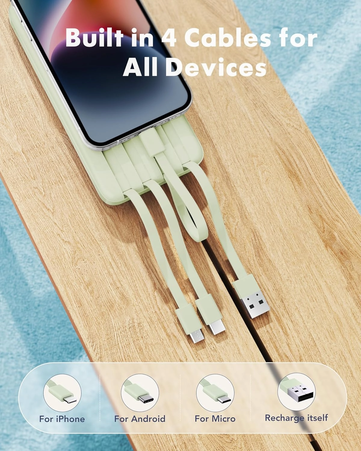 Portable Charger with Built in Cables, Portable Charger with Cords Wires Slim 10000mAh Travel Battery Pack 6 Outputs 3 Inputs 3A Fast Charging Power Bank for Samsung Google Pixel LG Moto iPhone iPad