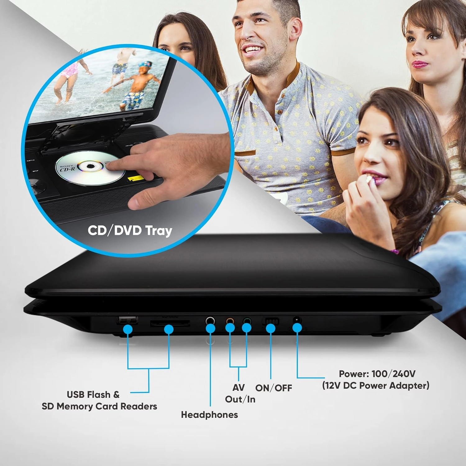 Portable DVD Player with Screen 17.9"- Disk Entertainment System w/Hi-Res HD Swivel Screen, Rechargeable Battery, USB/SD Support - Includes Earphone, Cigarette Lighter Car Charger, Remote Control