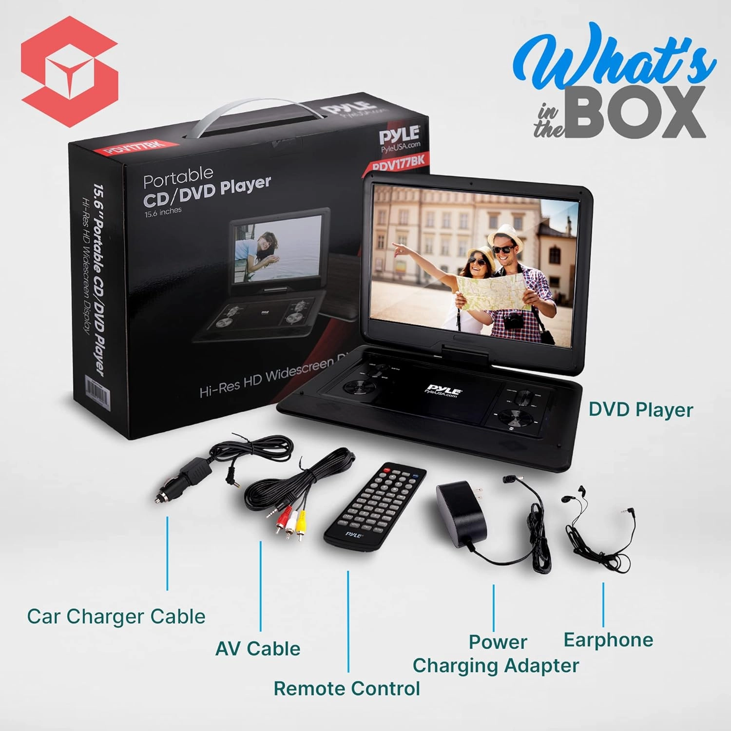 Portable DVD Player with Screen 17.9"- Disk Entertainment System w/Hi-Res HD Swivel Screen, Rechargeable Battery, USB/SD Support - Includes Earphone, Cigarette Lighter Car Charger, Remote Control