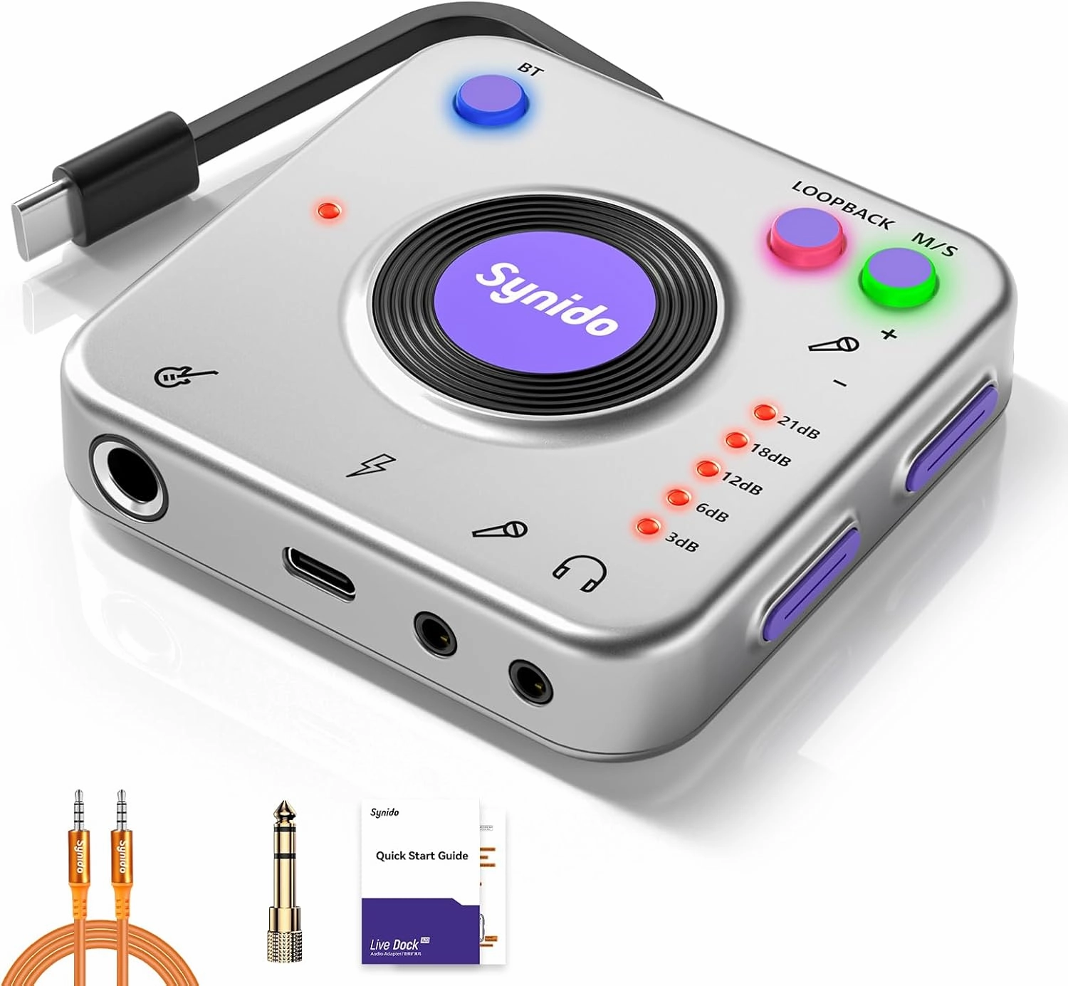 Portable Guitar Audio Interface, 24-bit/96kHZ Audio Adapter with USB-C, Inst./Headphone Ports for Live Streaming, Music Recording Equipment for iPad/iPhone/Android/Mac/PC/Laptop, (A20) audio interface,USB interface,music recording input,