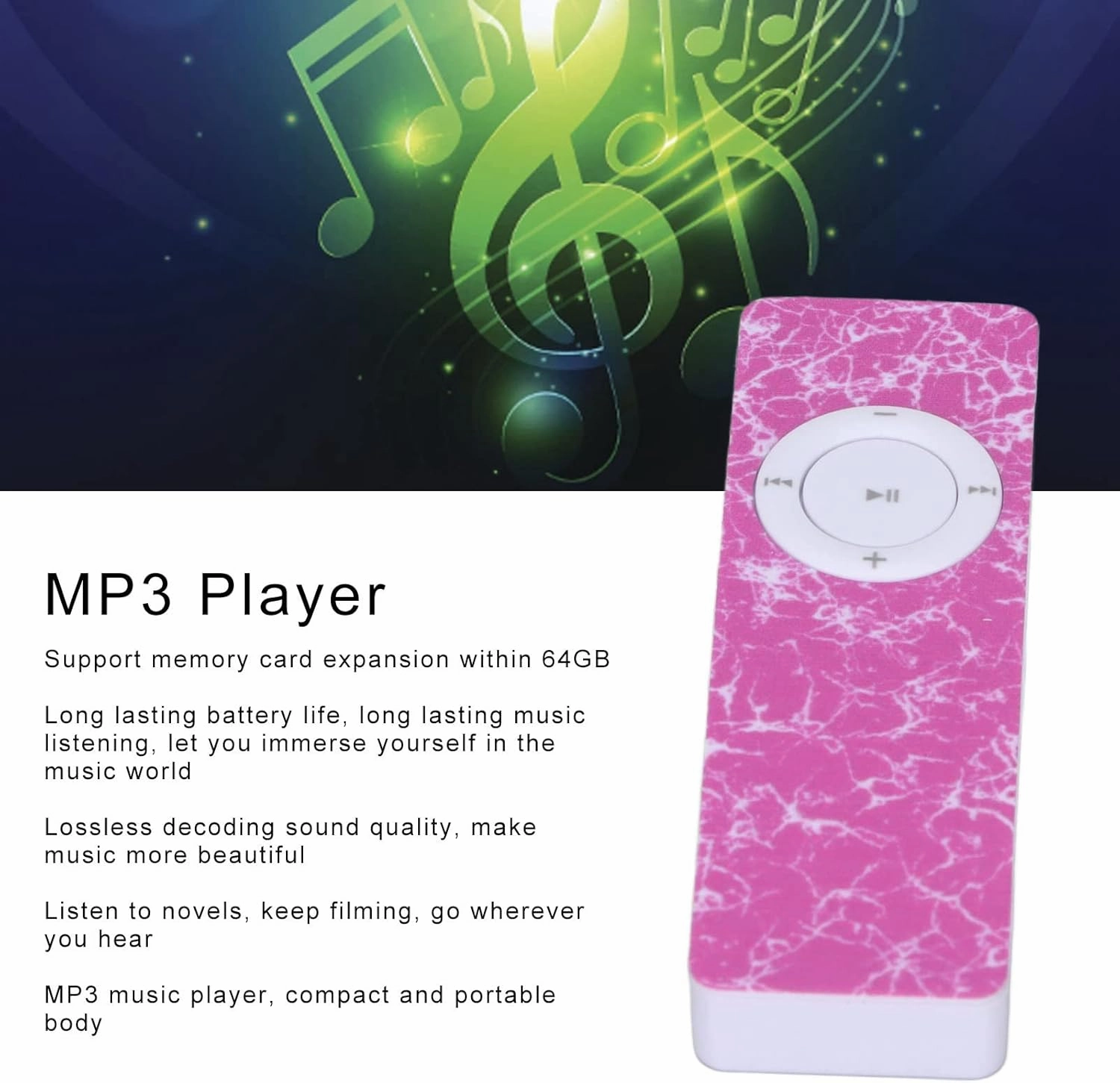Portable MP3 Player, MP3 Music Player Support Up to 64GB Memory Card Portable Media Player for Running(D)