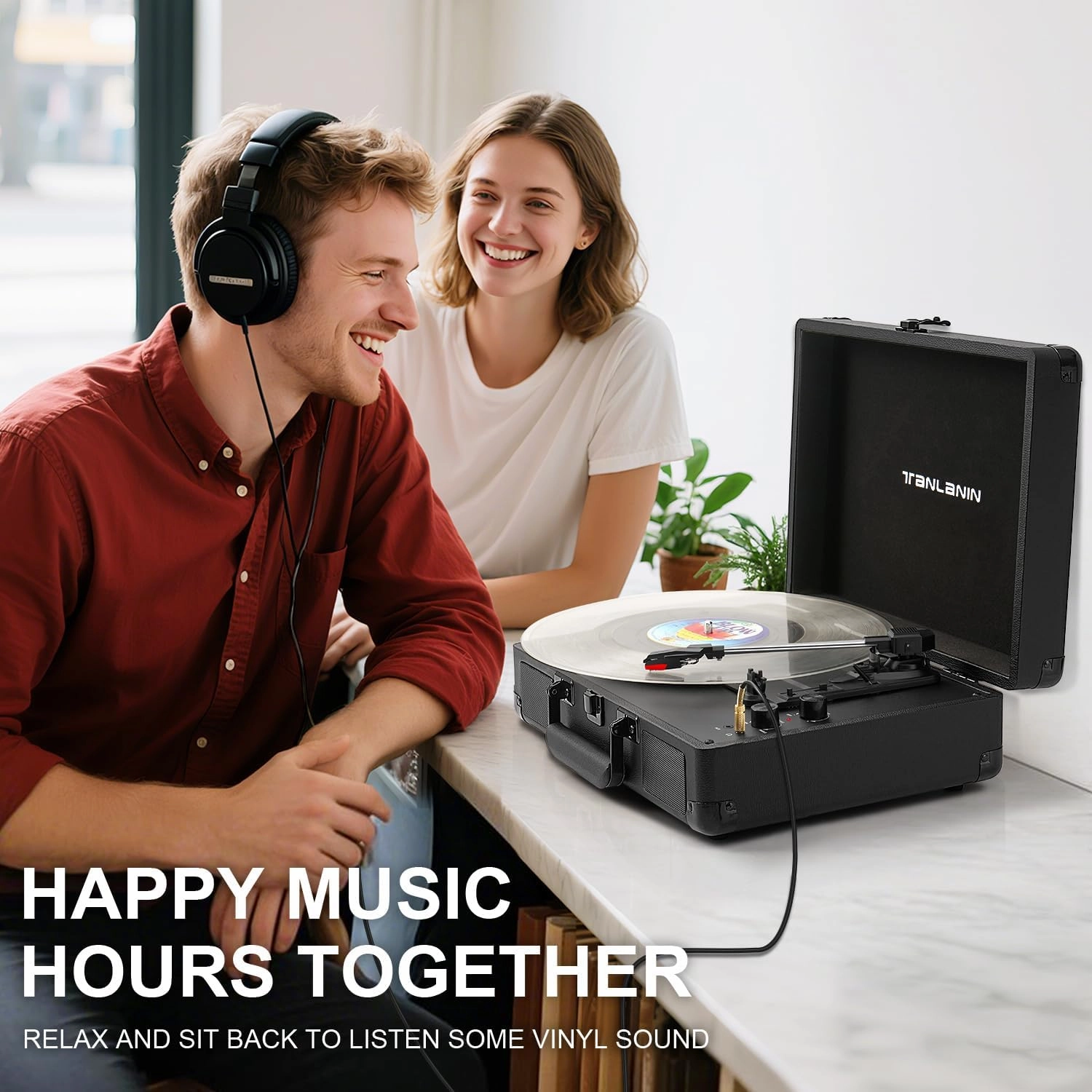 Portable Record Player with Bluetooth, 3-Speed Belt-Drive Turntable Vinyl Player, Suitcase Record Players with Built-in Stereo Speakers, Bass/Treble Control, RCA/AUX/Headphone Jack, Black