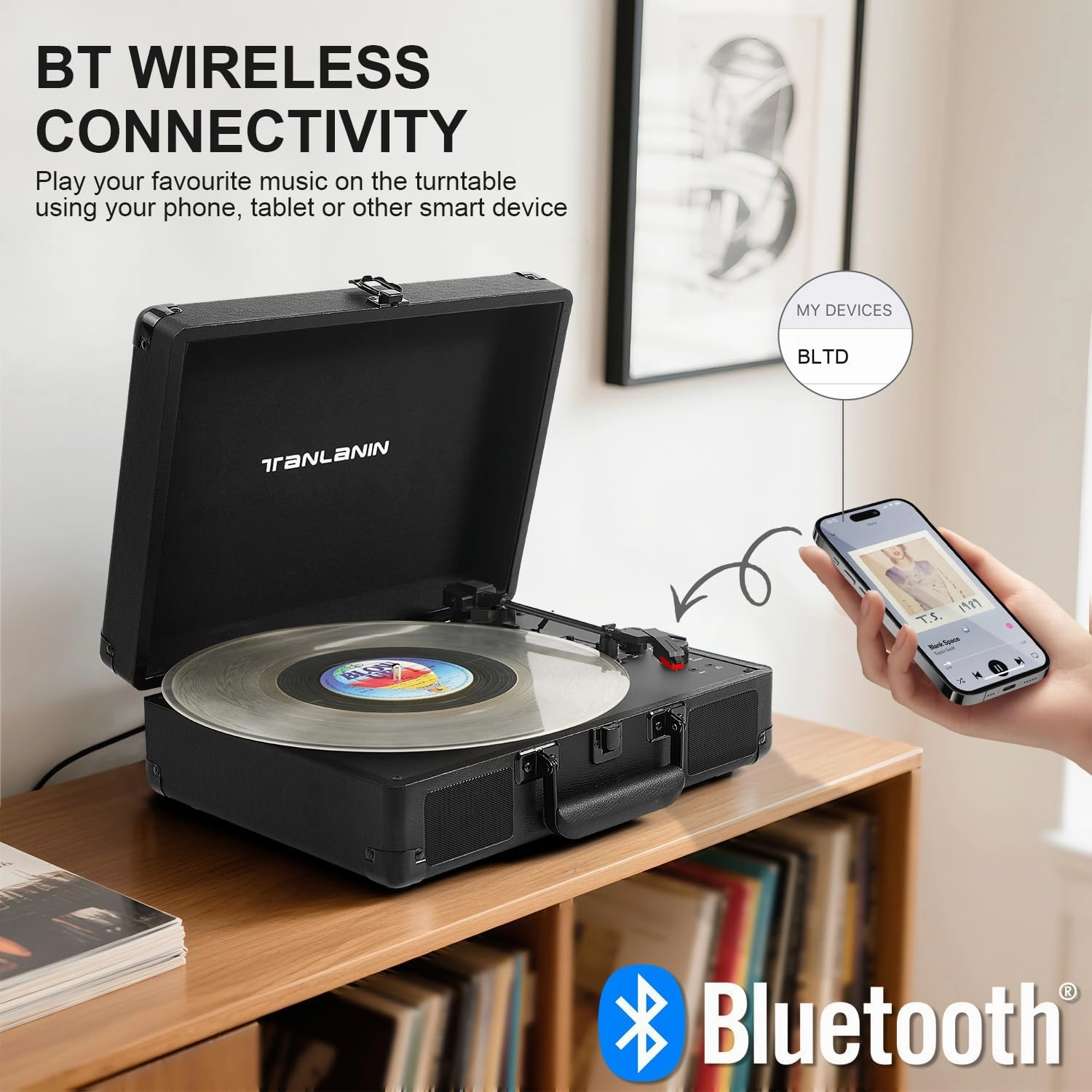 Portable Record Player with Bluetooth, 3-Speed Belt-Drive Turntable Vinyl Player, Suitcase Record Players with Built-in Stereo Speakers, Bass/Treble Control, RCA/AUX/Headphone Jack, Black