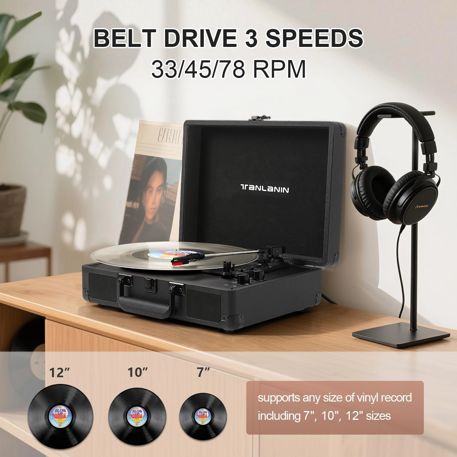 Portable Record Player with Bluetooth, 3-Speed Belt-Drive Turntable Vinyl Player, Suitcase Record Players with Built-in Stereo Speakers, Bass/Treble Control, RCA/AUX/Headphone Jack, Black