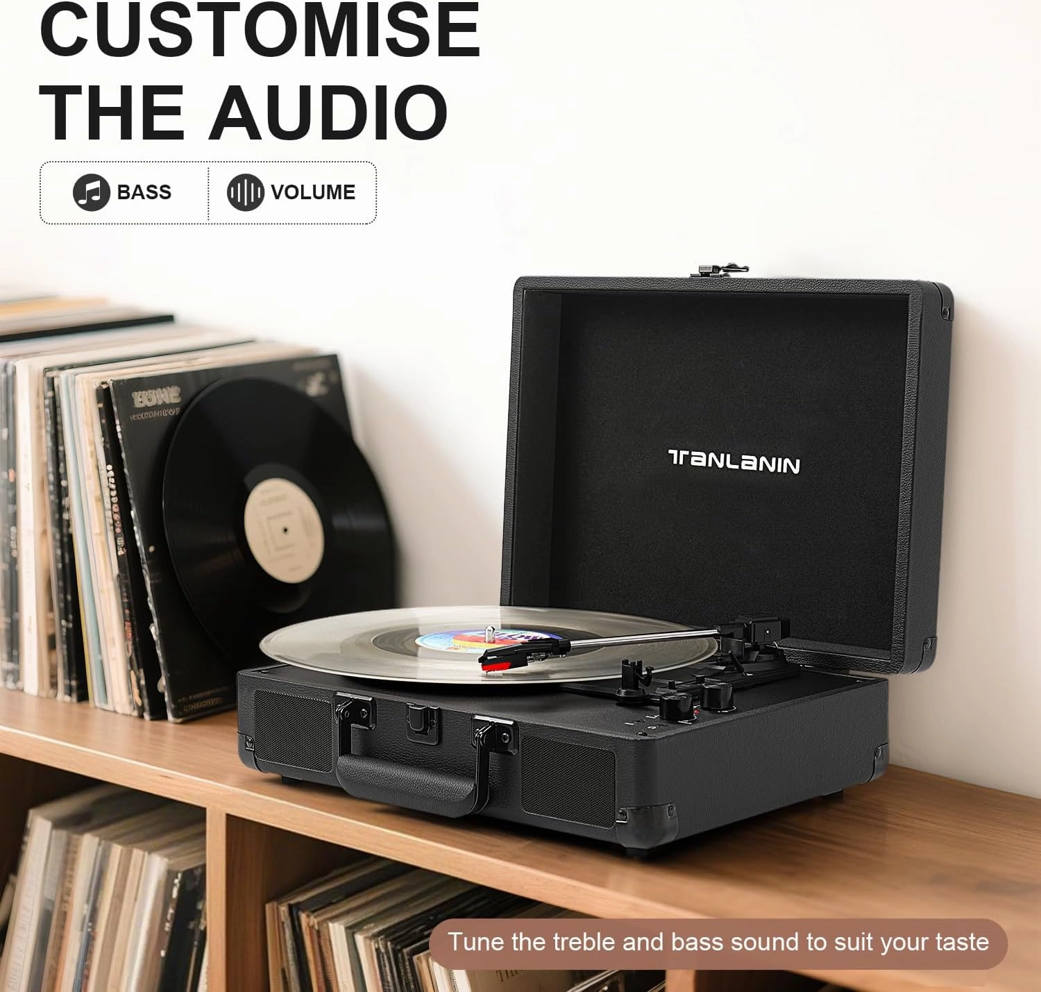 Portable Record Player with Bluetooth, 3-Speed Belt-Drive Turntable Vinyl Player, Suitcase Record Players with Built-in Stereo Speakers, Bass/Treble Control, RCA/AUX/Headphone Jack, Black