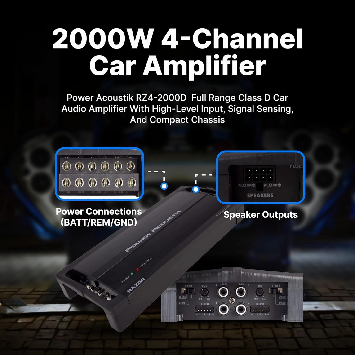 Power Acoustik RZ4-2000D 2000W Class D 4 Channel Amplifier , Black , 13.60in. x 6.30in. x 3.50in.