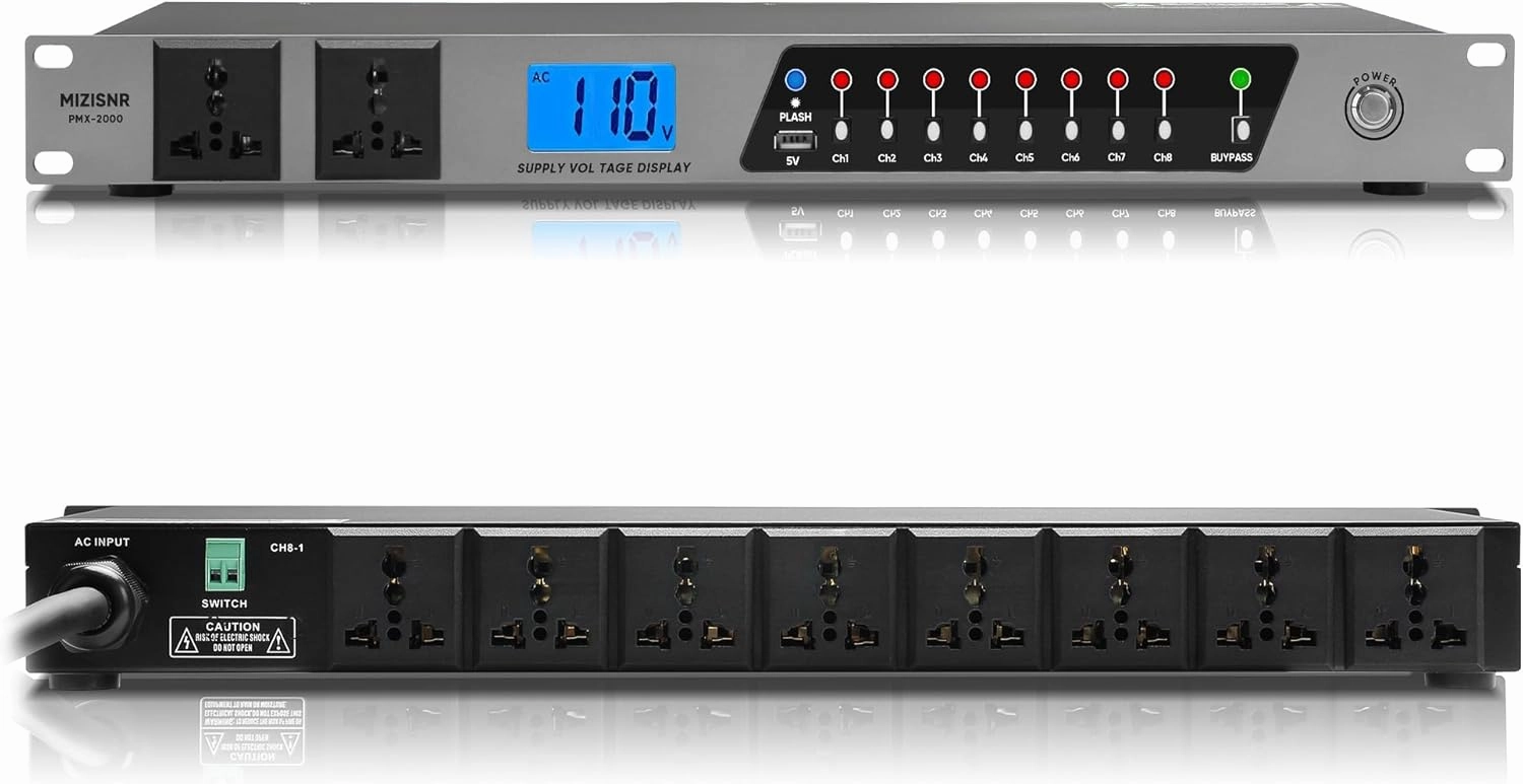Power Conditioner, 20 Amps 10 Outlet Rack Mount Power Sequencer for Audio Equipment, 2000w Power Supply with 8 Independent Switches, 2P Surge Protector, External Switch, Voltage Display audio rack,hi-fi component stand,media shelf,