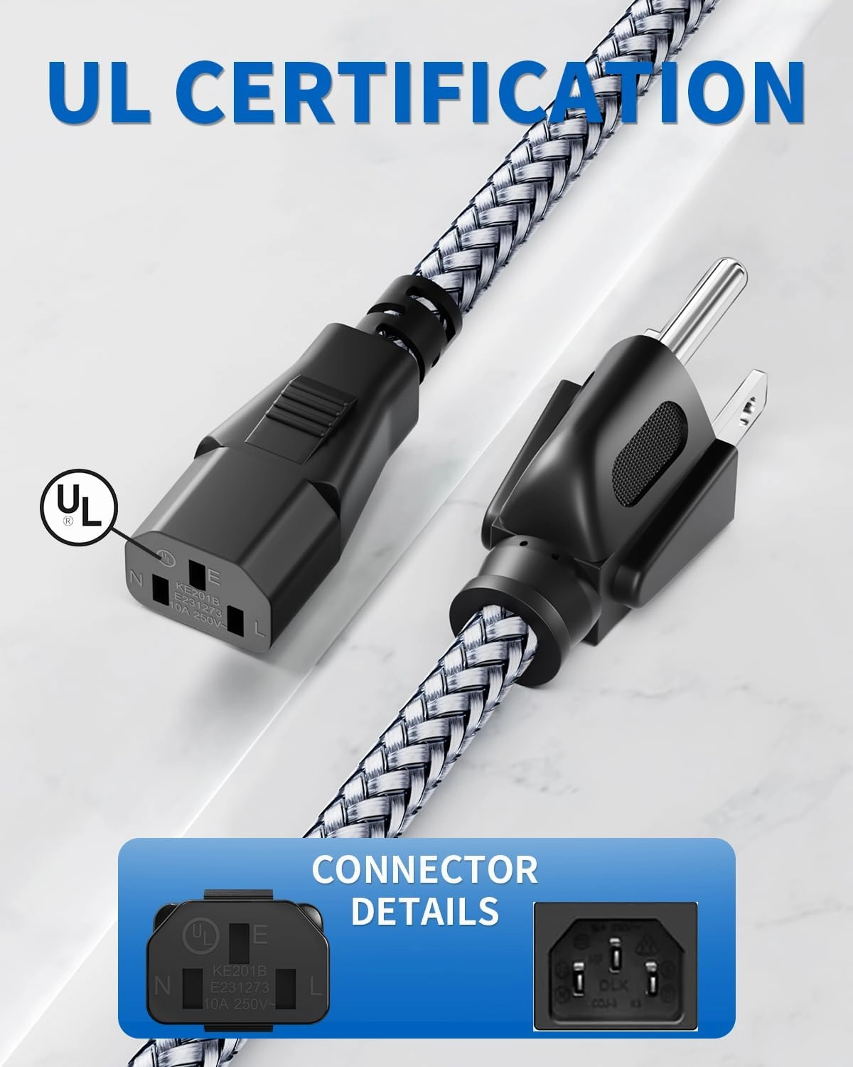Power Cord-3 Prong Power Cable 10A 250V AC Power Cable 6.6FT/2m Nylon Braided Replacement 3 Pin Power Cord for Computer, Monitor, Printer,TV, PC,Projector,Power Supply Cable
