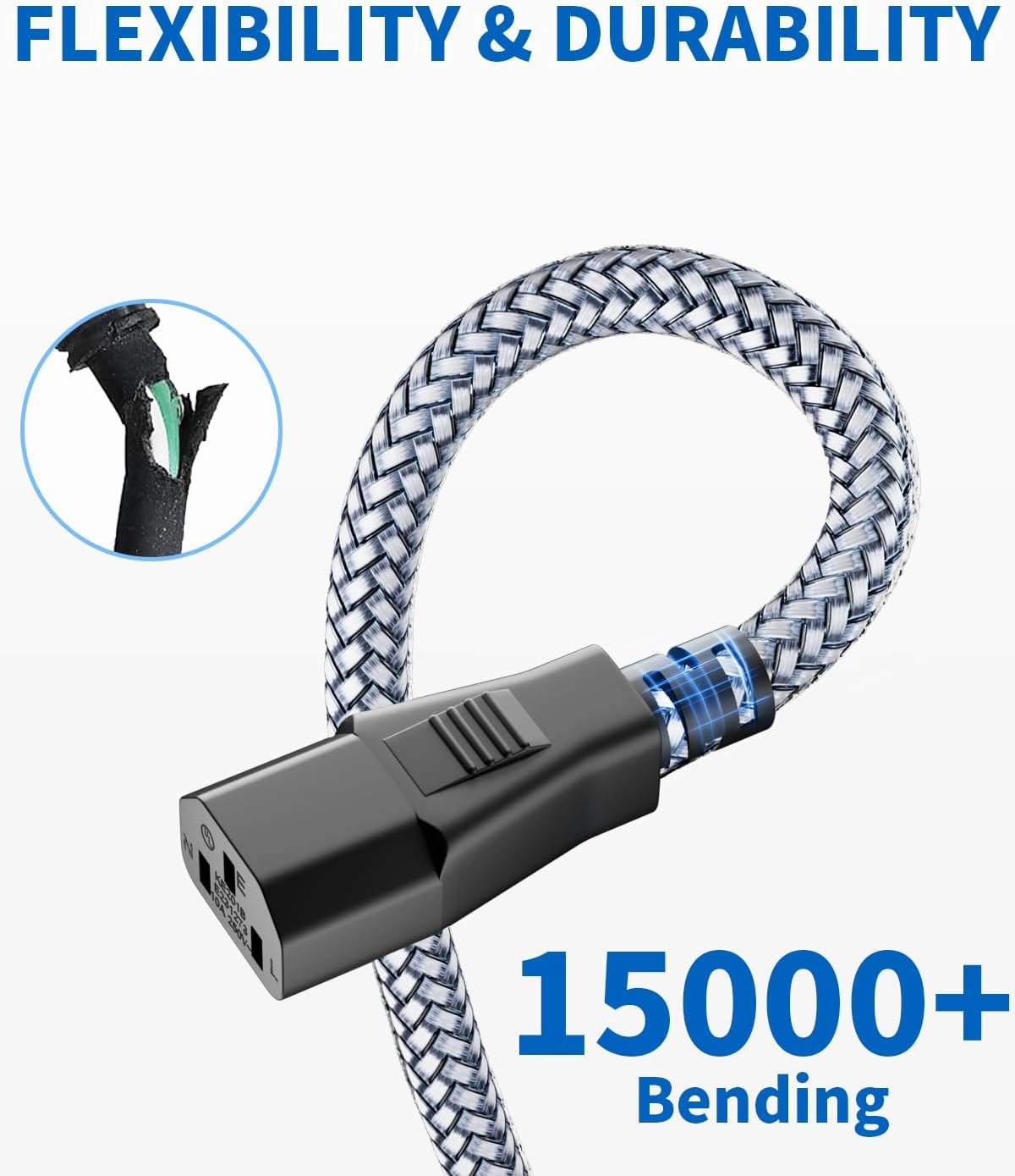 Power Cord-3 Prong Power Cable 10A 250V AC Power Cable 6.6FT/2m Nylon Braided Replacement 3 Pin Power Cord for Computer, Monitor, Printer,TV, PC,Projector,Power Supply Cable