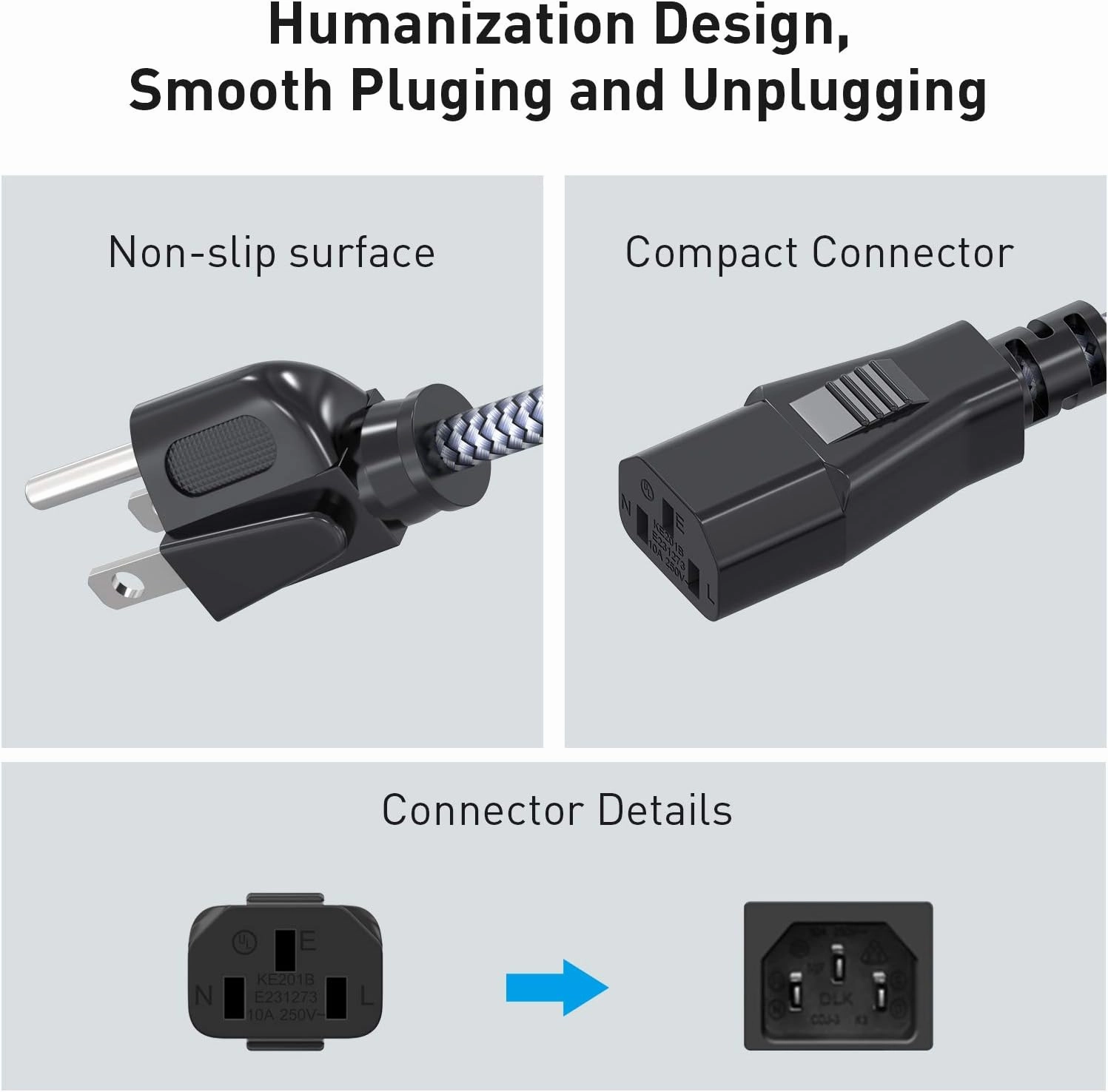 Power Cord, Goalfish 3 Prong AC Power Cable 6.6FT(2m) Nylon Braided Replacement 3 Pin Power Cord UL Certified for Computer, TV, Monitor, Printer, PC, Projector, Power Supply Cable