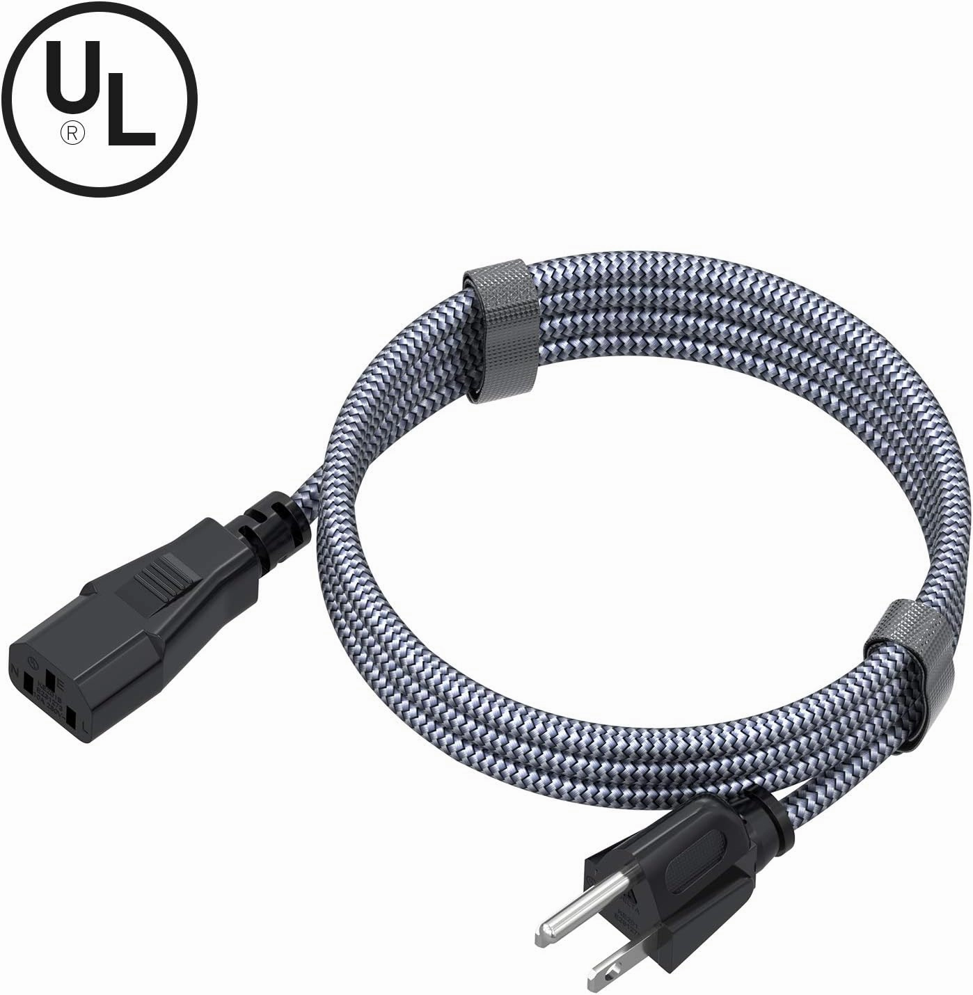 Power Cord, Goalfish 3 Prong AC Power Cable 6.6FT(2m) Nylon Braided Replacement 3 Pin Power Cord UL Certified for Computer, TV, Monitor, Printer, PC, Projector, Power Supply Cable