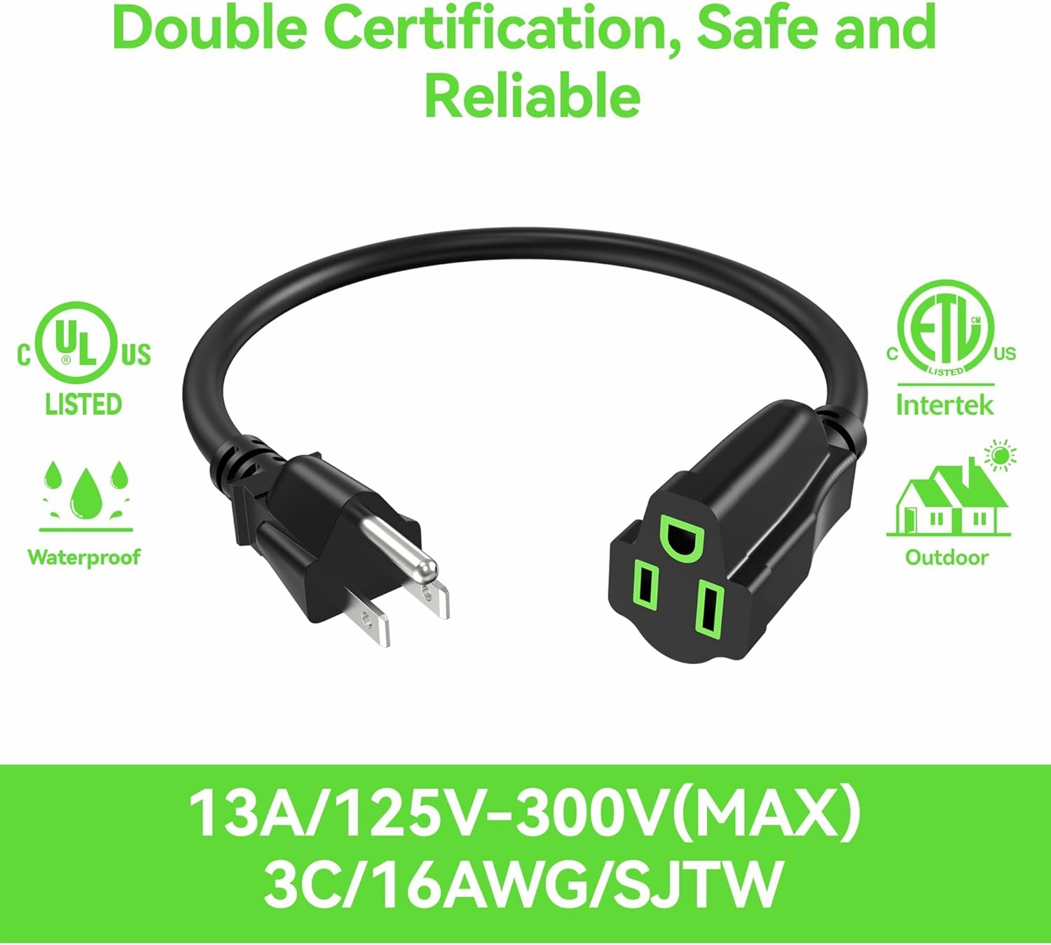 Power Extension Cord 5FT (2 Pack), 3-Prong Grounded Electrical Extension Cable Outlet Saver, Single Outlet Power Wires, Outdoor and Indoor, Heavy-Duty, Waterproof, Flexible, 16AWG, SJTW, 13A 125V