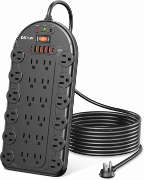 Power Strip, 24 AC Outlets (1875W/15A) with 6 USBs (2 USB-C Ports), ETL Listed, Surge Protector (3,400 Joules), 8 Ft Heavy Duty Flat Plug Extension Cord, Wall Mountable for Home, Office, Black power cord,hi-fi power cable,AC power lead,