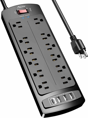 Power Strip, ALESTOR Surge Protector with 12 Outlets and 4 USB Ports, 6 Feet Extension Cord (1875W/15A), 2700 Joules, ETL Listed, Black power cord,hi-fi power cable,AC power lead,