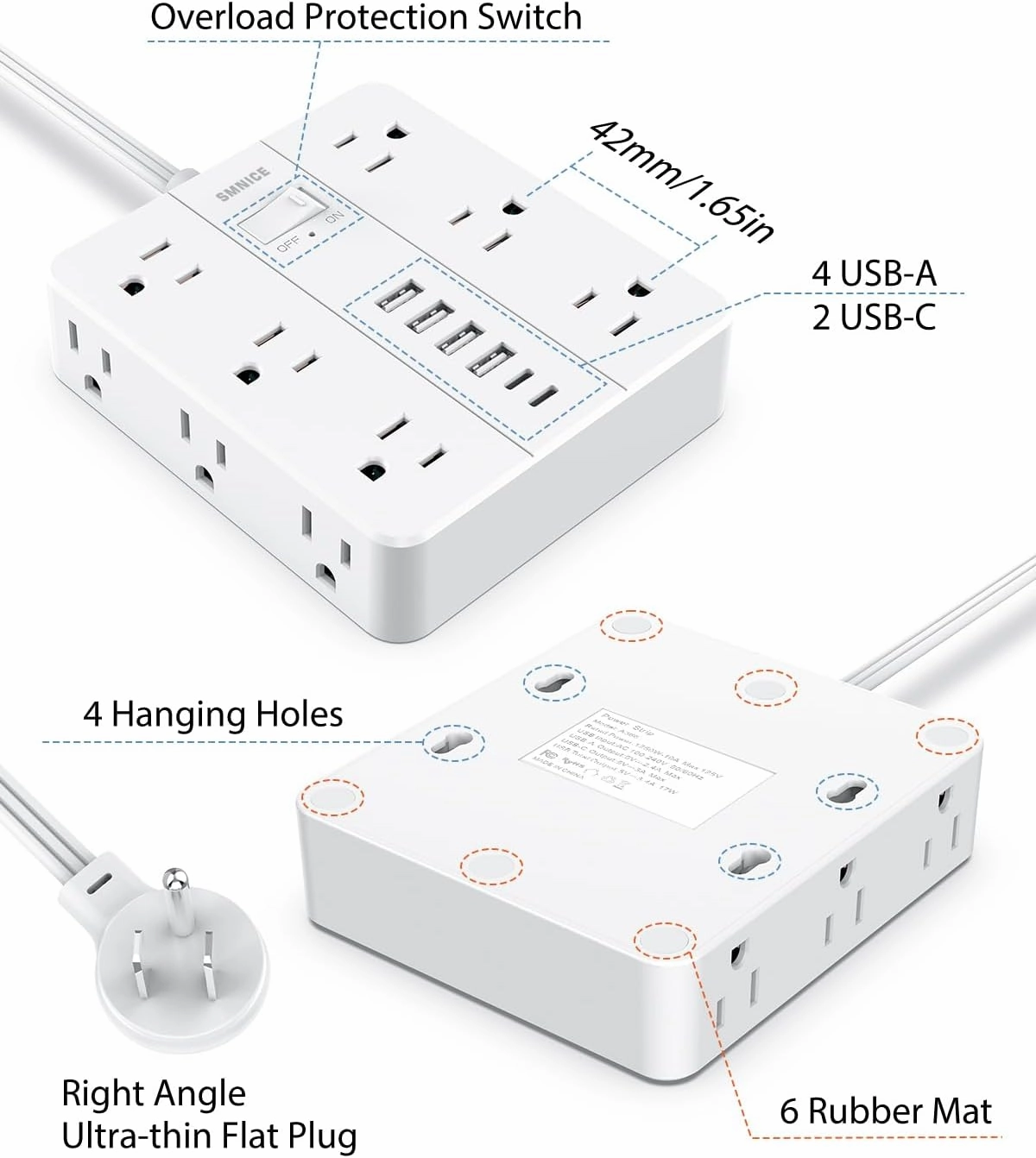 Power Strip Flat Plug with 12 Outlets 6 USB(2 USB C),SMNICE Surge Protector Charging Station with Overload Protection,5ft Extension Cord Widely Spaced Multiple Outlets for Home Office Dorm Essentials