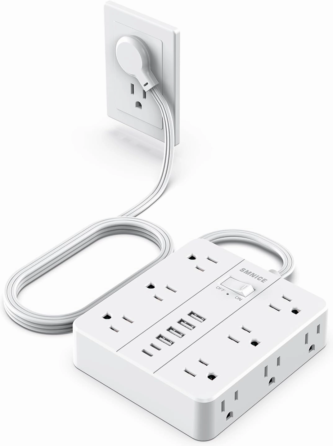 Power Strip Flat Plug with 12 Outlets 6 USB(2 USB C),SMNICE Surge Protector Charging Station with Overload Protection,5ft Extension Cord Widely Spaced Multiple Outlets for Home Office Dorm Essentials power cord,hi-fi power cable,AC power lead,