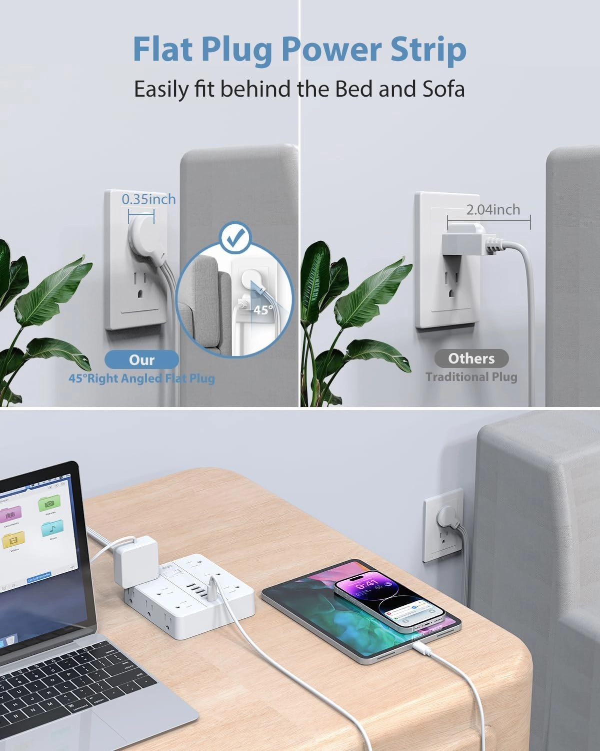 Power Strip Flat Plug with 12 Outlets 6 USB(2 USB C),SMNICE Surge Protector Charging Station with Overload Protection,5ft Extension Cord Widely Spaced Multiple Outlets for Home Office Dorm Essentials