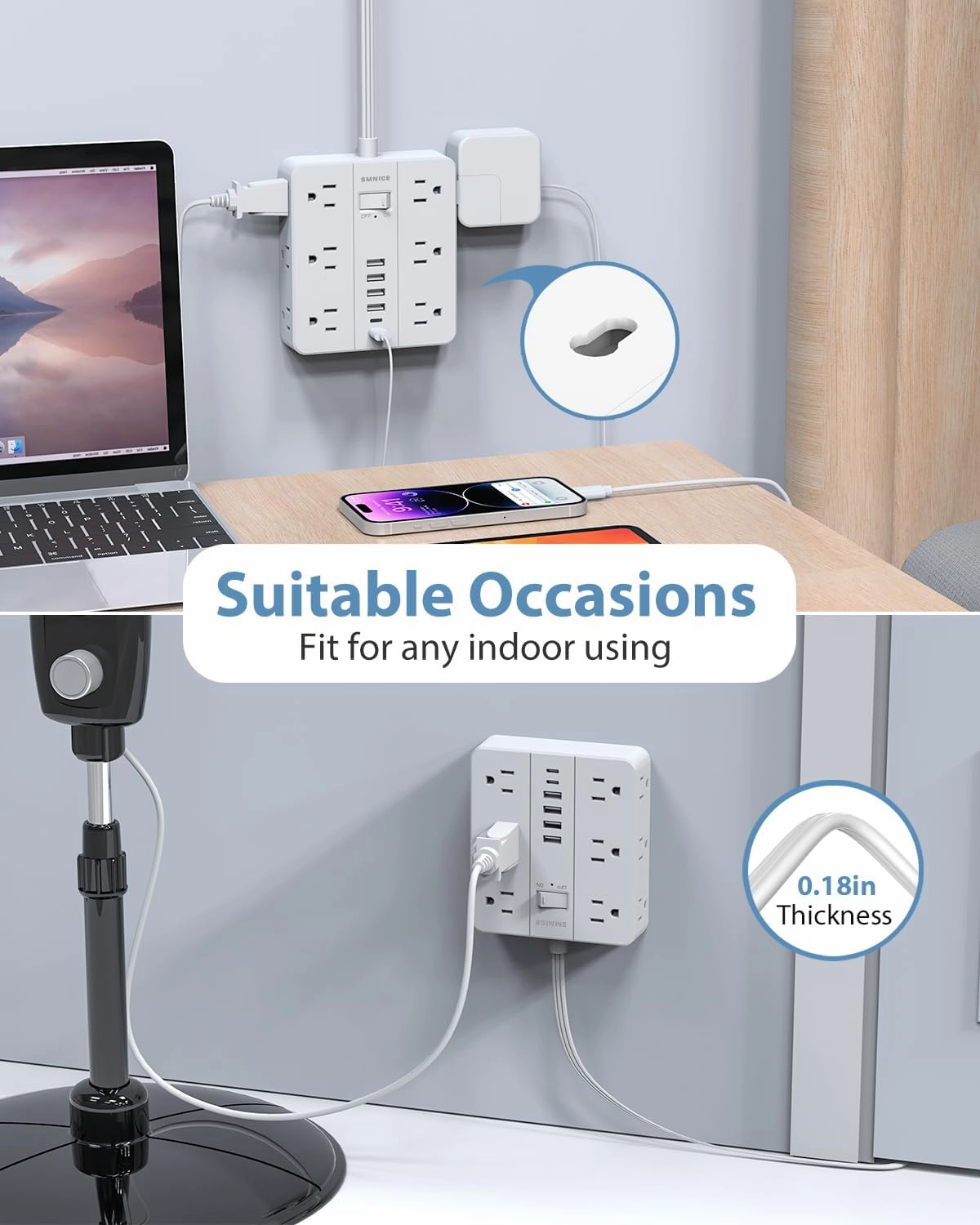 Power Strip Flat Plug with 12 Outlets 6 USB(2 USB C),SMNICE Surge Protector Charging Station with Overload Protection,5ft Extension Cord Widely Spaced Multiple Outlets for Home Office Dorm Essentials