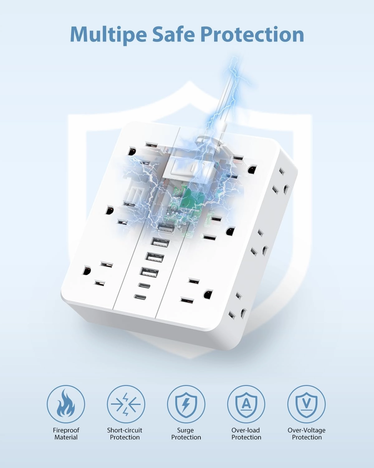 Power Strip Flat Plug with 12 Outlets 6 USB(2 USB C),SMNICE Surge Protector Charging Station with Overload Protection,5ft Extension Cord Widely Spaced Multiple Outlets for Home Office Dorm Essentials