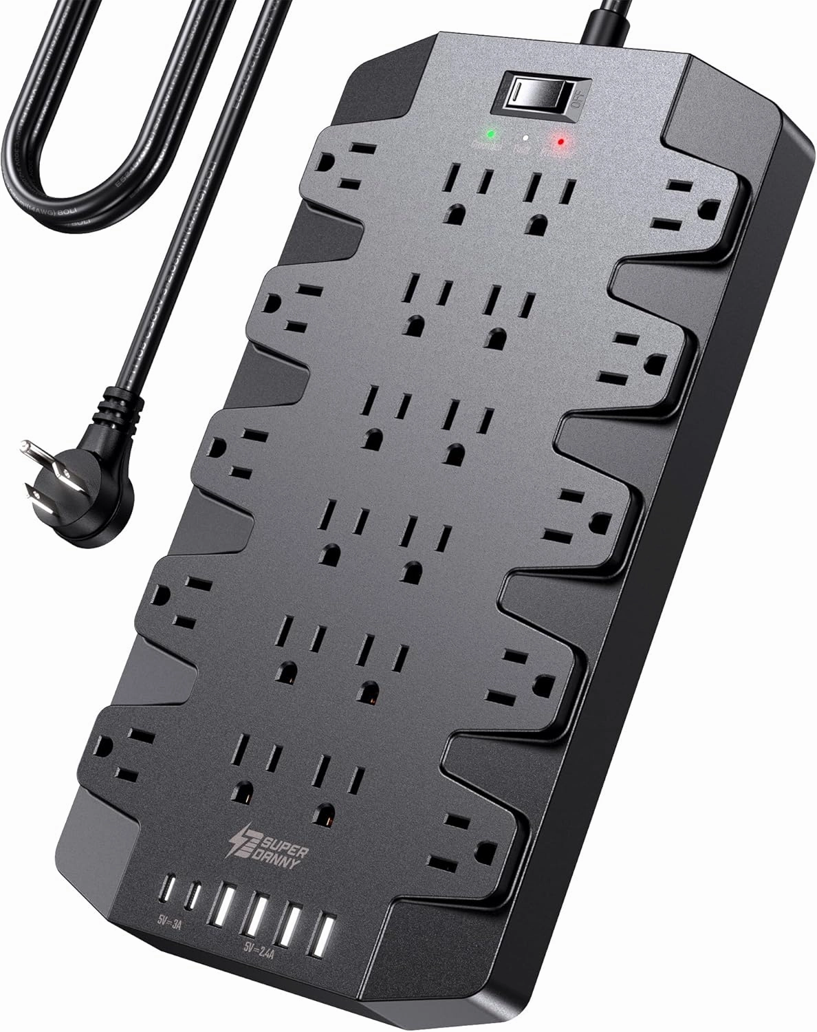 Power Strip, SUPERDANNY Surge Protector with 22 AC Outlets, 2 USB-C and 4 USB Ports, 1875W/15A, 2100J, 6.5Ft Extension Cord Surge Protector Power Strip with Wall Mount Holes for Home, Office, Dorm power cord,hi-fi power cable,AC power lead,