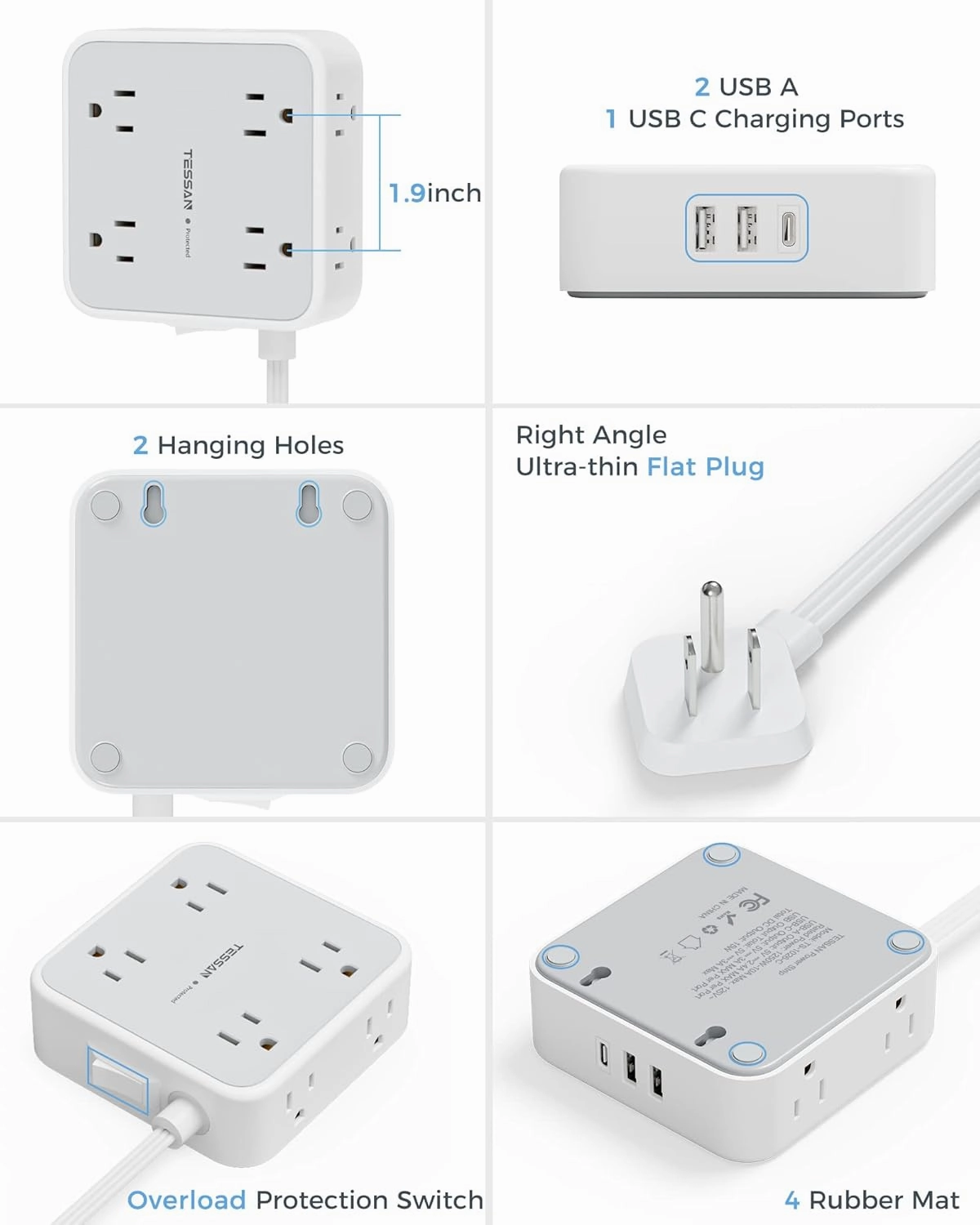 Power Strip Surge Protector 10 Ft Cord, 8 AC Outlets, 3 USB Charger(1 USB C Port), TESSAN Ultra Thin Extension Cord, Flat Plug, 900 Joules Protection, Desk Charging Station for Home, Office