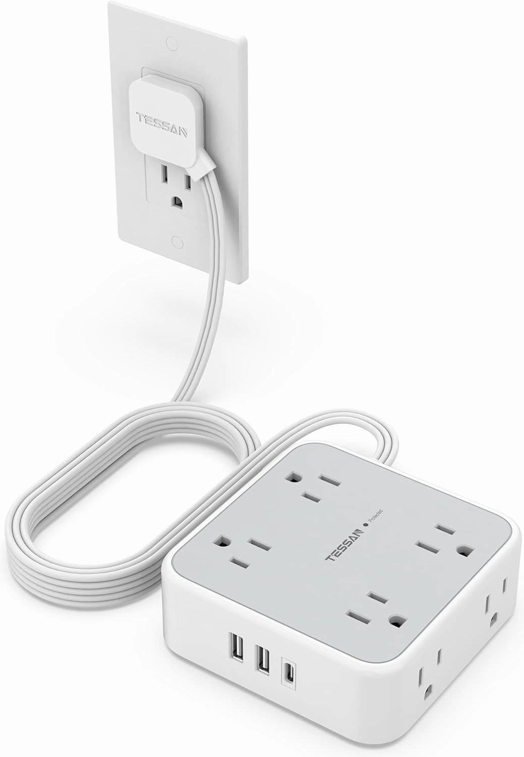 Power Strip Surge Protector 10 Ft Cord, 8 AC Outlets, 3 USB Charger(1 USB C Port), TESSAN Ultra Thin Extension Cord, Flat Plug, 900 Joules Protection, Desk Charging Station for Home, Office power cord,hi-fi power cable,AC power lead,
