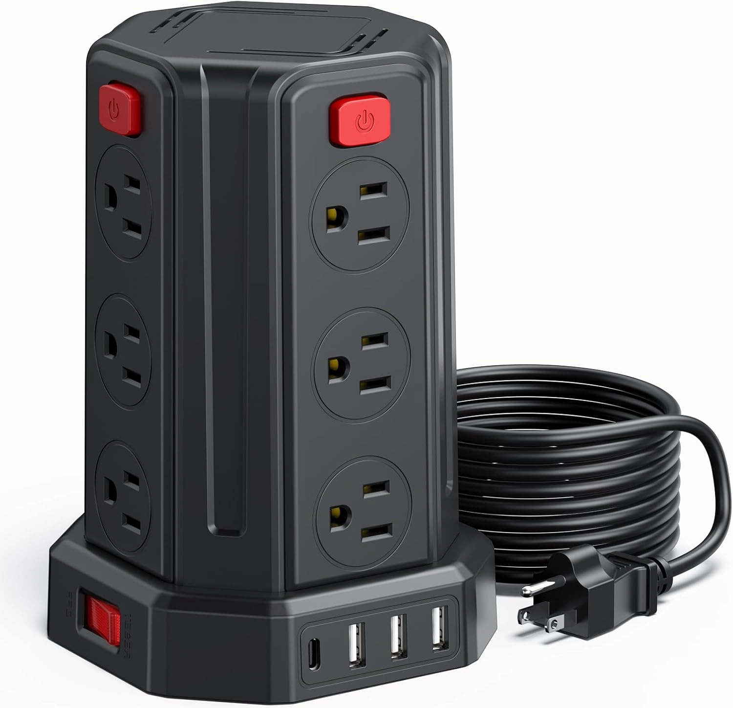 Power Strip Surge Protector, 10 Ft Extension Cord with 12 AC Multiple Outlets 4 USB (1 USB C), SMALLRT Power Tower Desktop Charging Station (Black, 10 FT) power cord,hi-fi power cable,AC power lead,