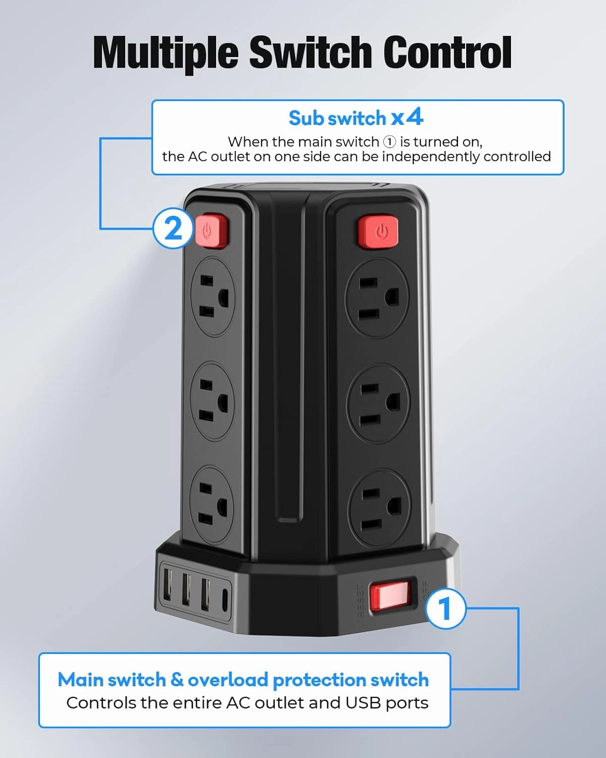Power Strip Surge Protector, 10 Ft Extension Cord with 12 AC Multiple Outlets 4 USB (1 USB C), SMALLRT Power Tower Desktop Charging Station (Black, 10 FT)