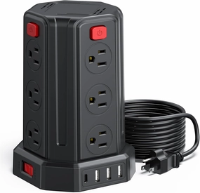Power Strip Surge Protector, 10 Ft Extension Cord with 12 AC Multiple Outlets 4 USB (1 USB C), SMALLRT Power Tower Desktop Charging Station (Black, 10 FT) power cord,hi-fi power cable,AC power lead,