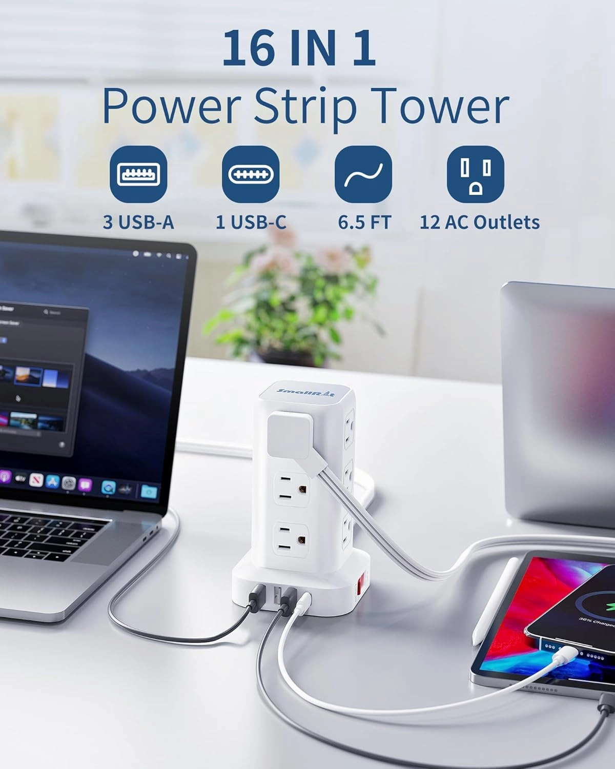 Power Strip Surge Protector, 6.5FT Ultra Thin Flat Plug Extension Cord with 12 AC Multiple Outlets 4 USB (1 USB C), Power Strip Tower Desktop Charging Station for Sofas, Beds, Home Office