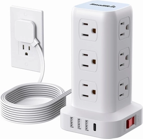 Power Strip Surge Protector, 6.5FT Ultra Thin Flat Plug Extension Cord with 12 AC Multiple Outlets 4 USB (1 USB C), Power Strip Tower Desktop Charging Station for Sofas, Beds, Home Office power cord,hi-fi power cable,AC power lead,
