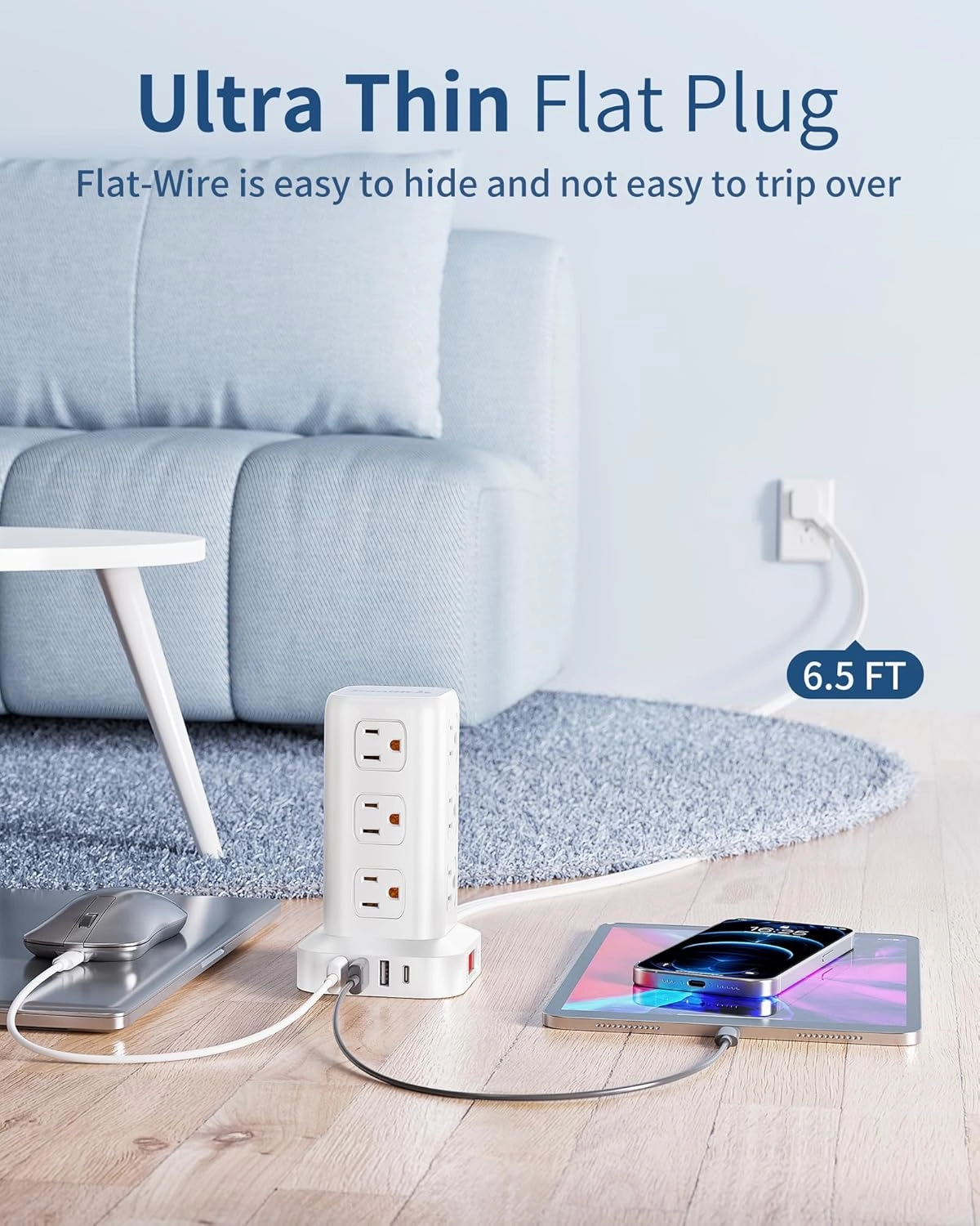 Power Strip Surge Protector, 6.5FT Ultra Thin Flat Plug Extension Cord with 12 AC Multiple Outlets 4 USB (1 USB C), Power Strip Tower Desktop Charging Station for Sofas, Beds, Home Office
