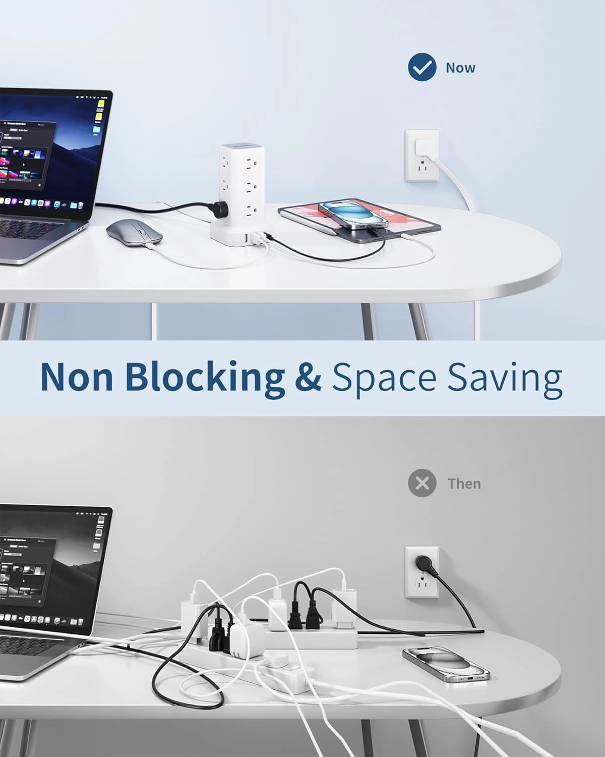 Power Strip Surge Protector, 6.5FT Ultra Thin Flat Plug Extension Cord with 12 AC Multiple Outlets 4 USB (1 USB C), Power Strip Tower Desktop Charging Station for Sofas, Beds, Home Office